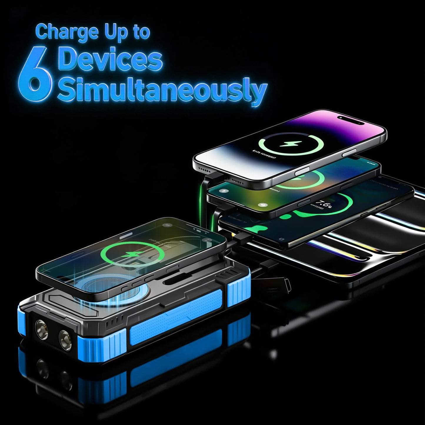 Nymzixt Solar Power Bank 49800mAh Portable Wireless Charger with USB-C 22.5W Fast Charging Built in 4 Cables Compatible with iPhone, iPad, Bright LED