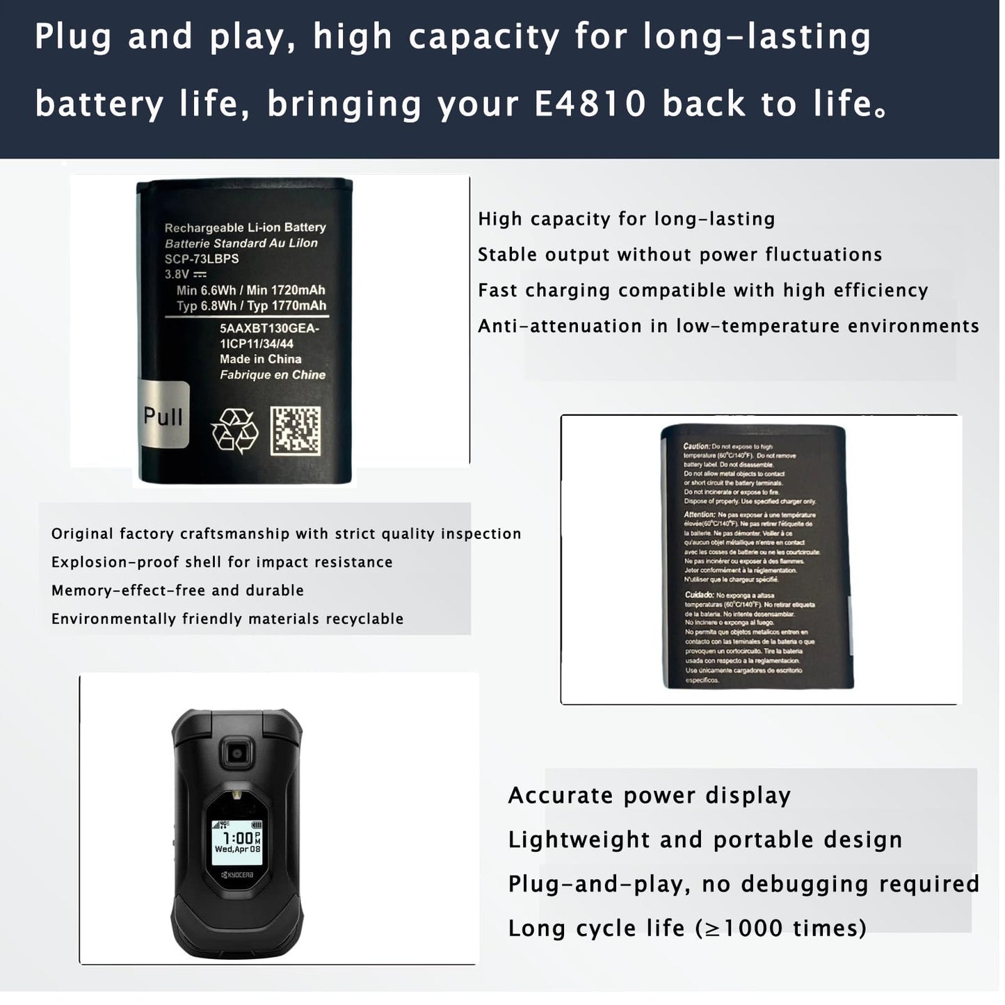 JUYUXIVM SCP-73LBPS Battery (New Upgraded) Replacement for Kyocera DuraXV Extreme E4810 Verizon Flip Phone SCP73LBPS