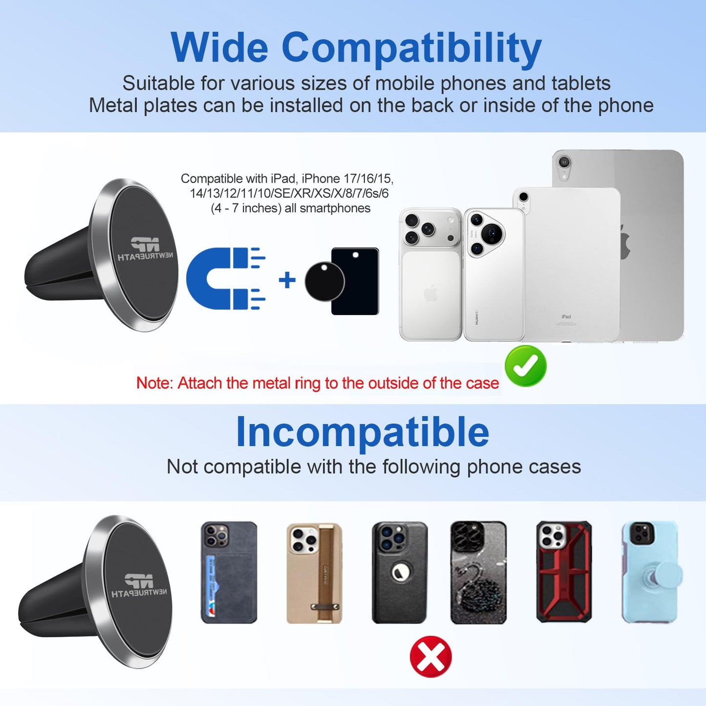 New True Path Ultra-Strong Aluminum Magnetic Phone Holder for Car [2-Pack] - Universal Air Vent Mount with 4 Metal Plates, Compatible with iPhone 16