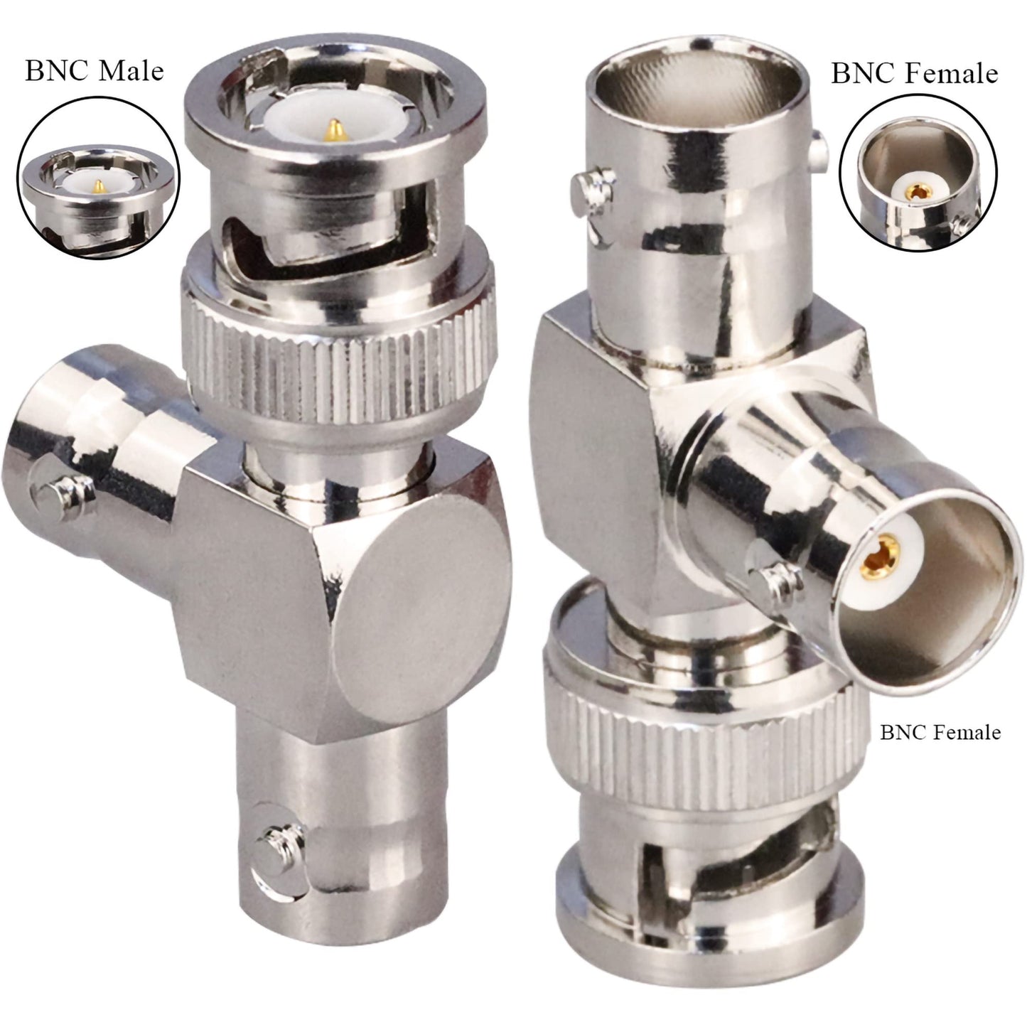 TUOLNK BNC Male to Dual Female Plug T-Shape Triple Tee Connector 3 Way Coax Splitter Adapter for Security Systems/Coaxial Cable/Wireless Devices 2pcs