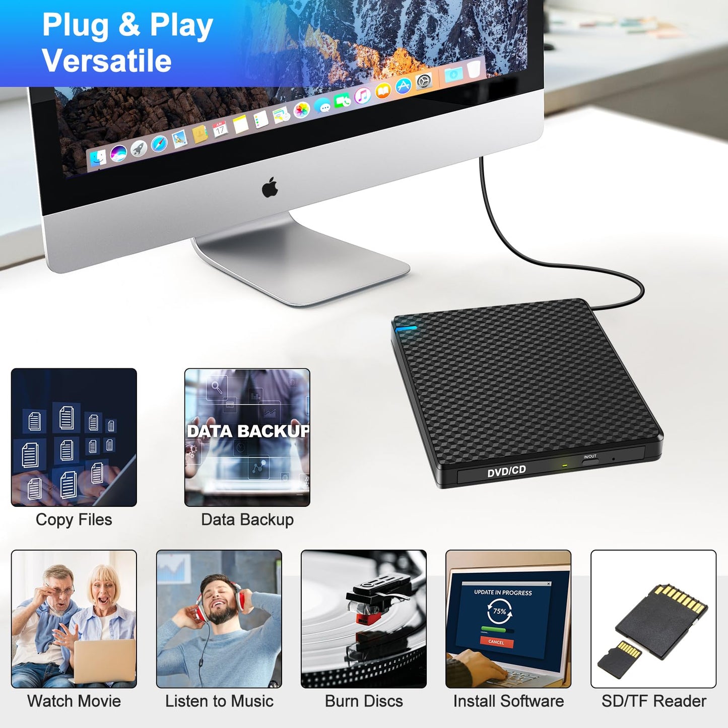 Guamar External CD DVD Drive: USB-C CD Burner Portable DVD Player Disc Reader for Laptop PC MacBook Mac Windows 11/10 with SD/TF Slot/2 USB Ports Plug