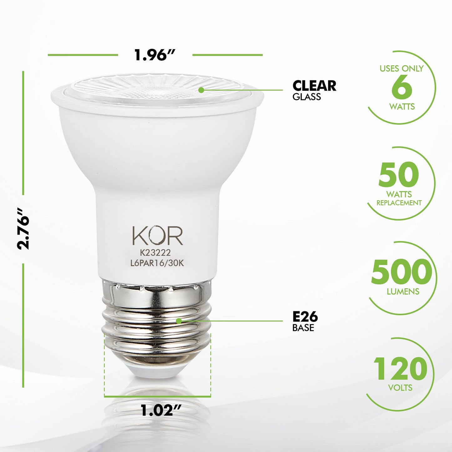 KOR PAR16 LED Flood Bulbs, 6-Pack, Dimmable 50W Eq., 3000K Warm White, E26