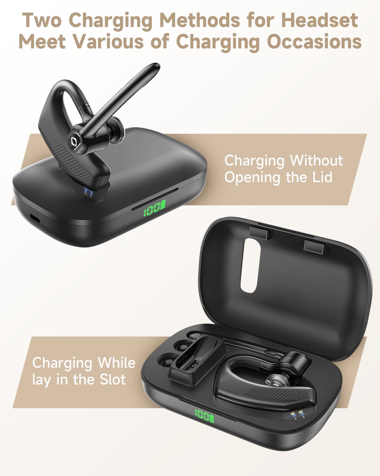 Wireless Headset Bluetooth Earpiece with Dual Noise Canceling Microphone Hands Free Headphones Single Ear Earphone Over Ear Earbud for iPhone Samsung