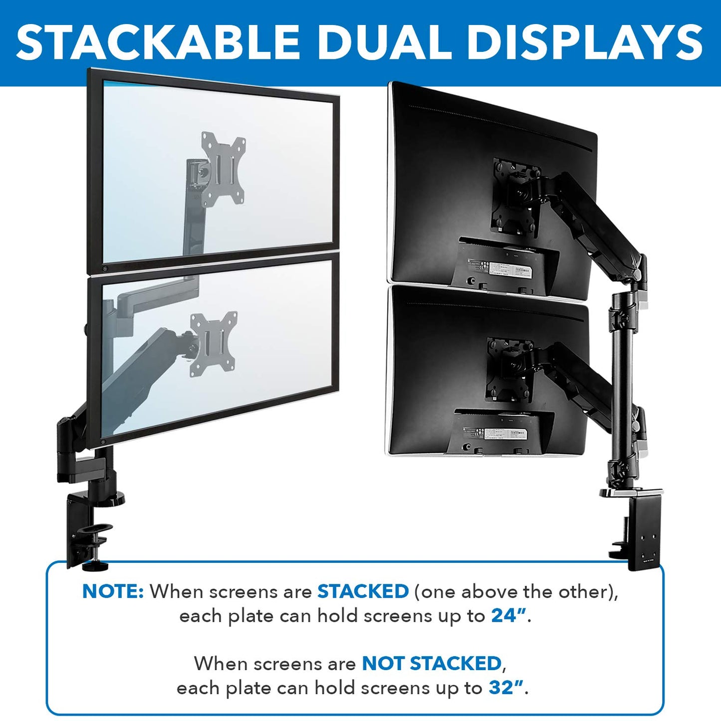 Mount-It! Dual Monitor Arm Desk Mount for 17-32" Screens, Gas Spring Adjustable Monitor Stand, Vertical Stack or Side-by-Side Setup, 17.6 lbs Each