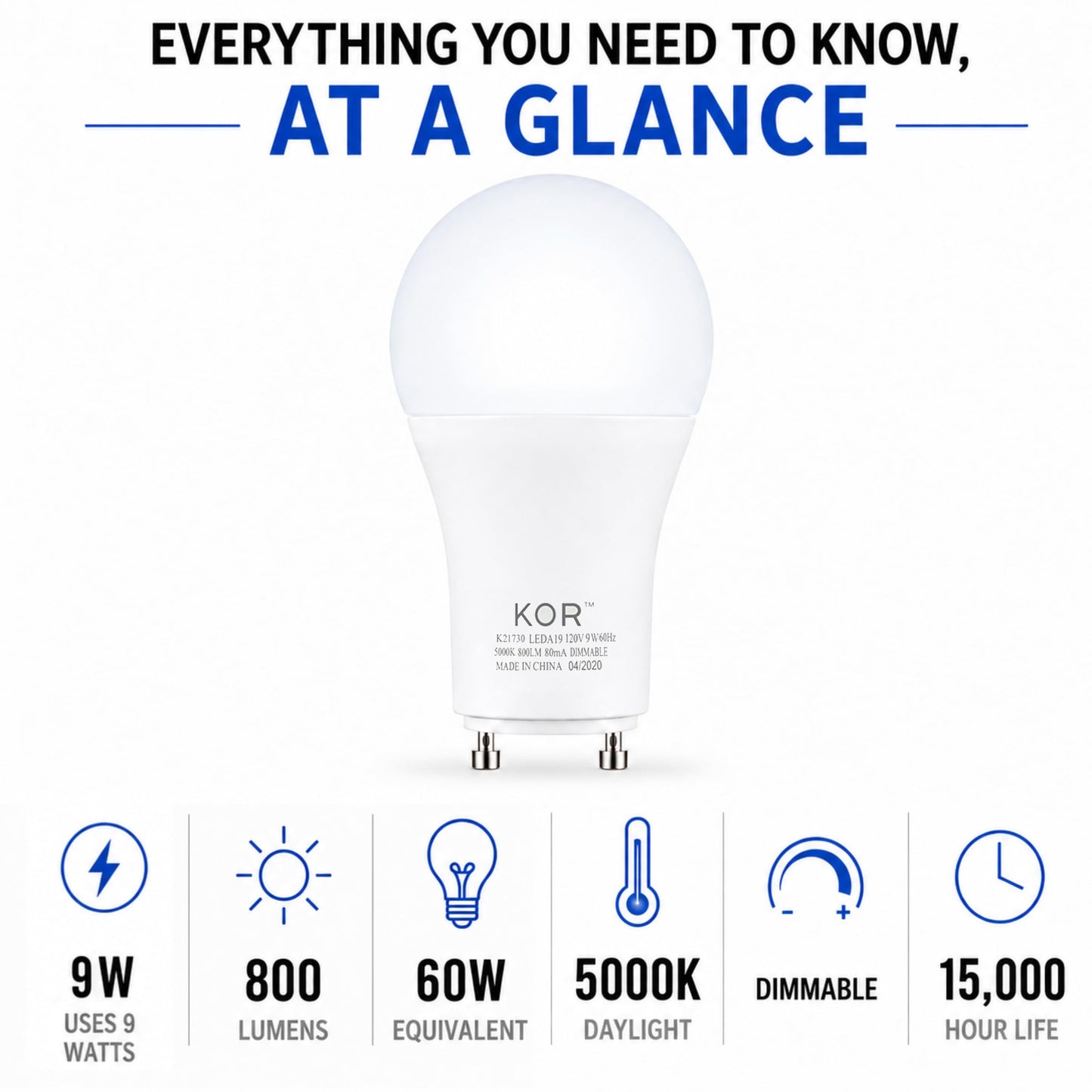 KOR GU24 A19 LED Light Bulbs, 5000K Daylight, Dimmable, 9W, 4-Pack
