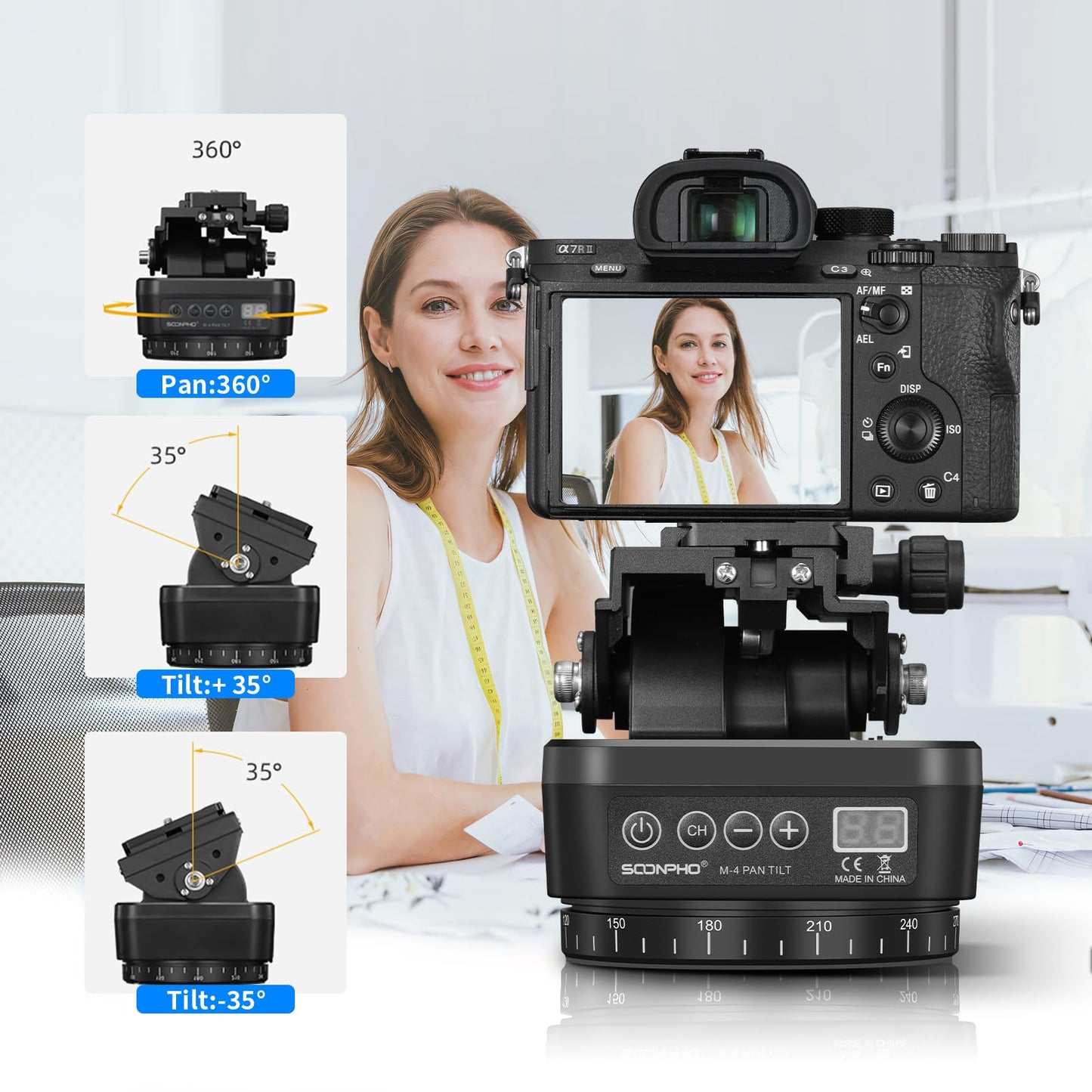 Soonpho M4 Motorized Rotating Panoramic Tripod Head, Remote Control 360° Pan Tilt Head with Mobile Phone Clip for DSLR Cameras, Camcorders