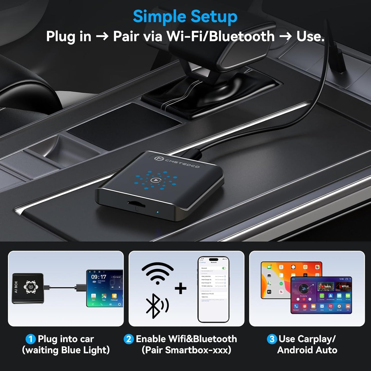 Magic CarPlay AI Box, Wireless CarPlay & Android Auto Adapter with Netflix/YouTube/TikTok, Plug & Play, Car Play Wireless Adapter Compatible