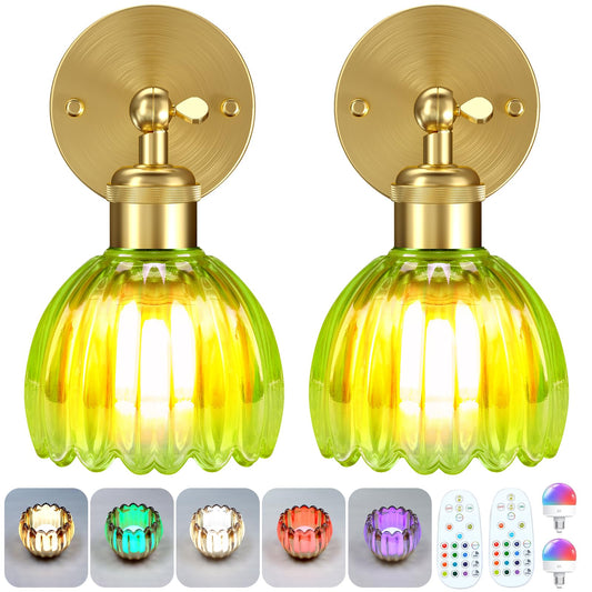 Battery Operated Wall Sconce with Remote Control, Wireless Wall sconces Set of Two with 7000mAh Dimmable Magnetic RGB Bulbs, Rechargeable Wall Light