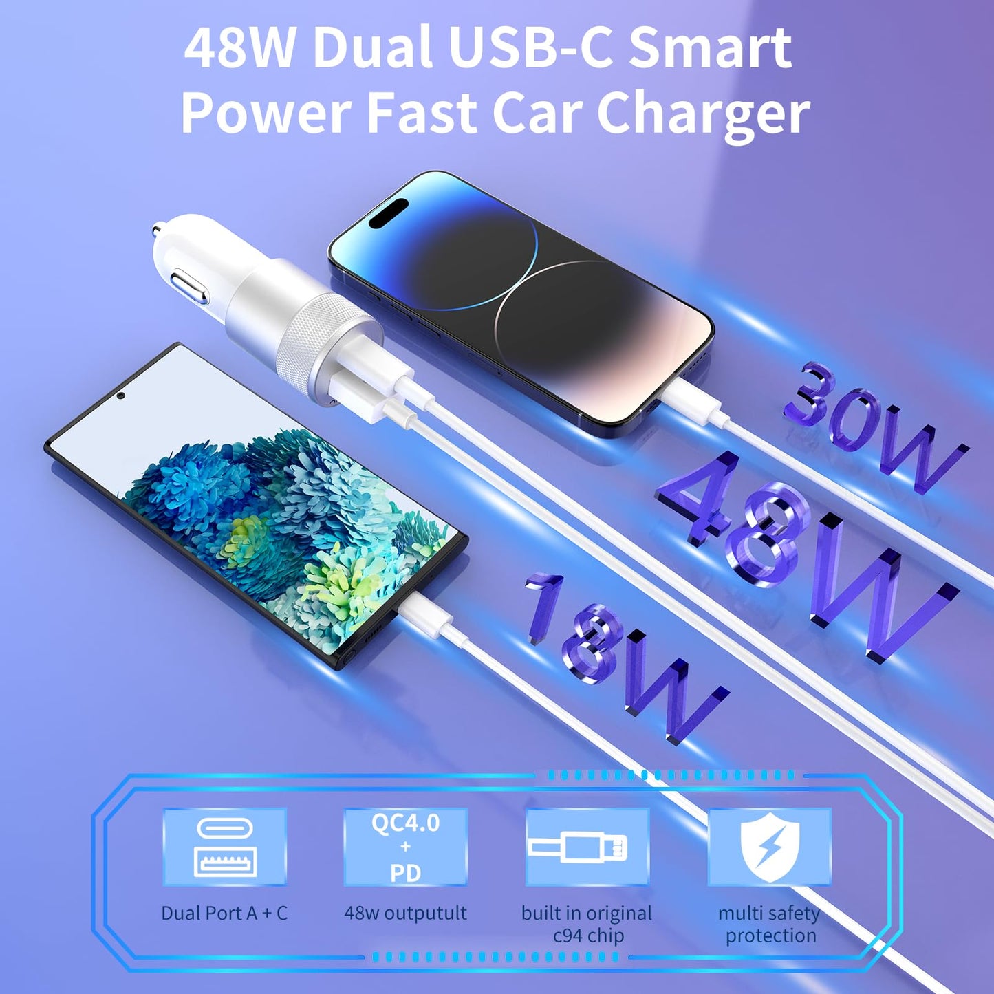 Car Charger, [Apple MFi Certified]2 Pack 48W Dual Port USB C Car Charger All Metal iPhone Fast Car Adapter with 2x3ft Lightning Cable for Carplay