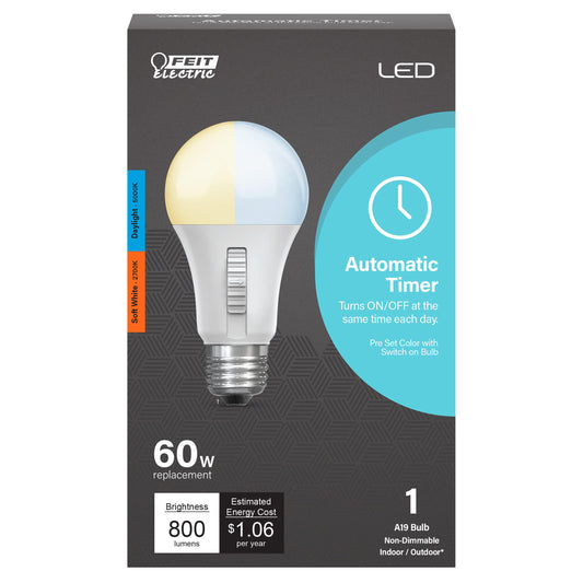 Feit Electric A19 LED Light Bulb, 60W Eq, 2CCT, 800 Lumens, E26 Base