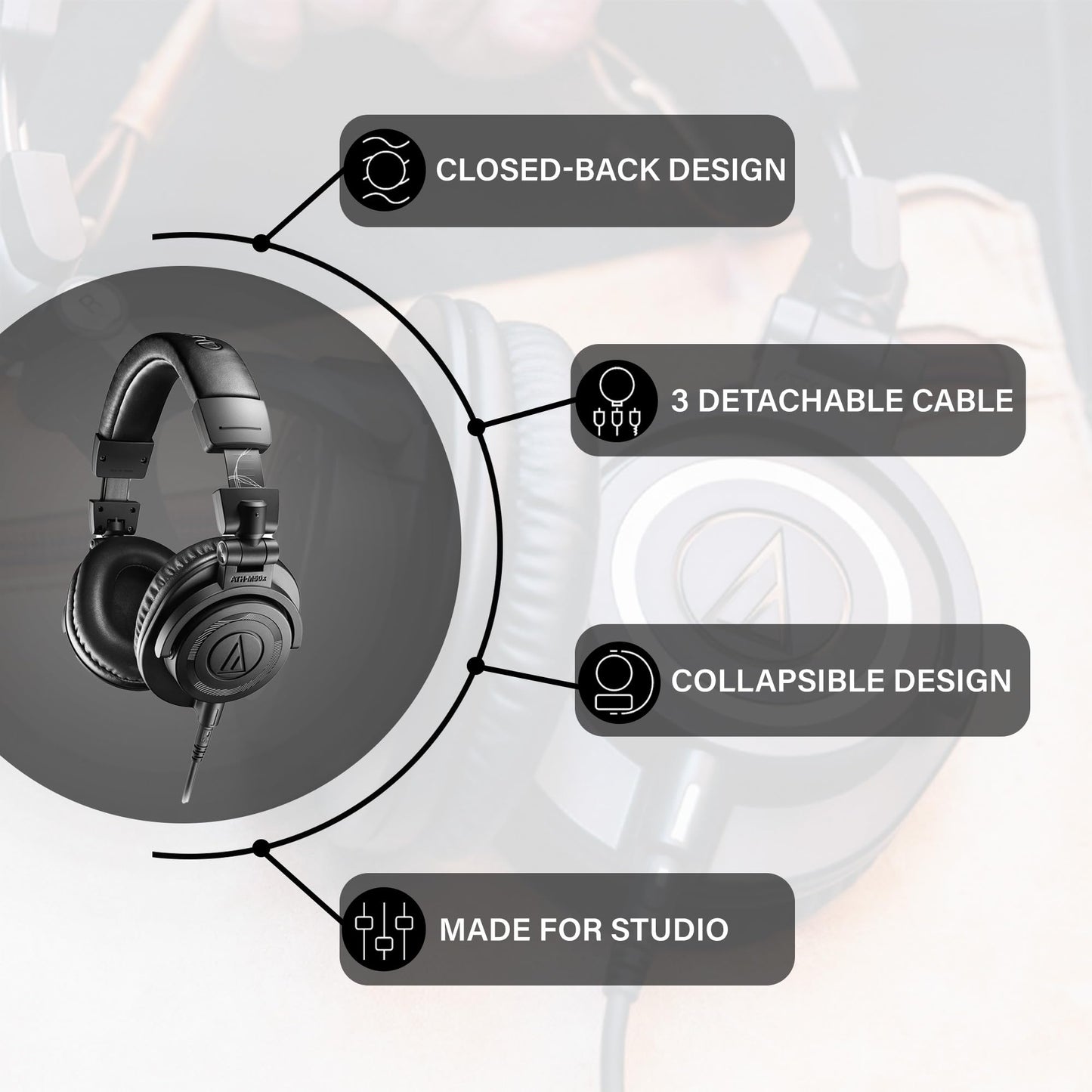 Audio-Technica ATH-M50XENSO Wired Monitor Headphones - Black Limited Edition Bundle with Case, Stand, and Austin Bazaar Polishing Cloth