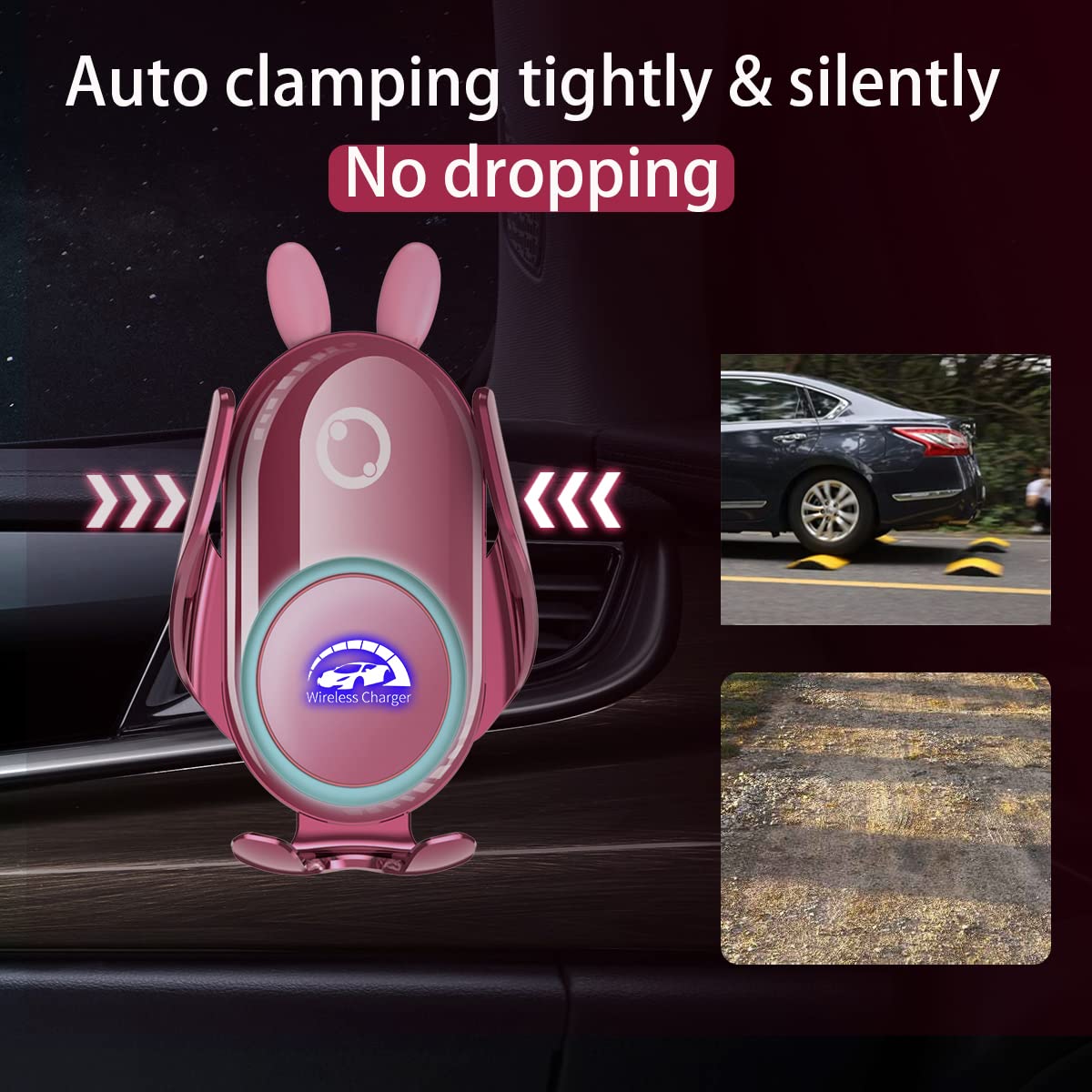 Peanutech Wireless Car Charger Mount, Auto-Clamping,15W Dashboard Vent, Pink Cute Car Phone Holder Women for iPhone Samsung Andriod Phone