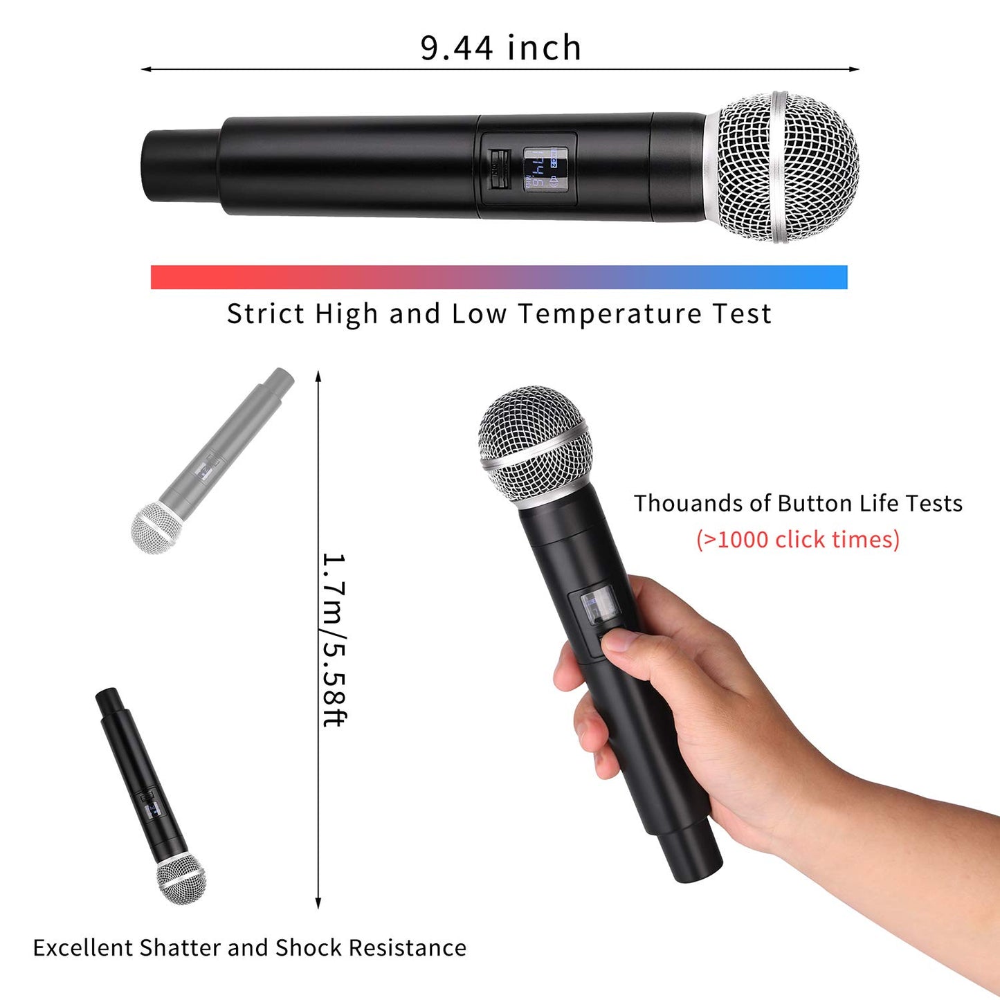 MicrocKing Wireless Microphone System Dynamic Handheld Microphones,150 Ft Operating Range,16 Hours Continuous Use,Ideal for Karaoke, Party, DJ