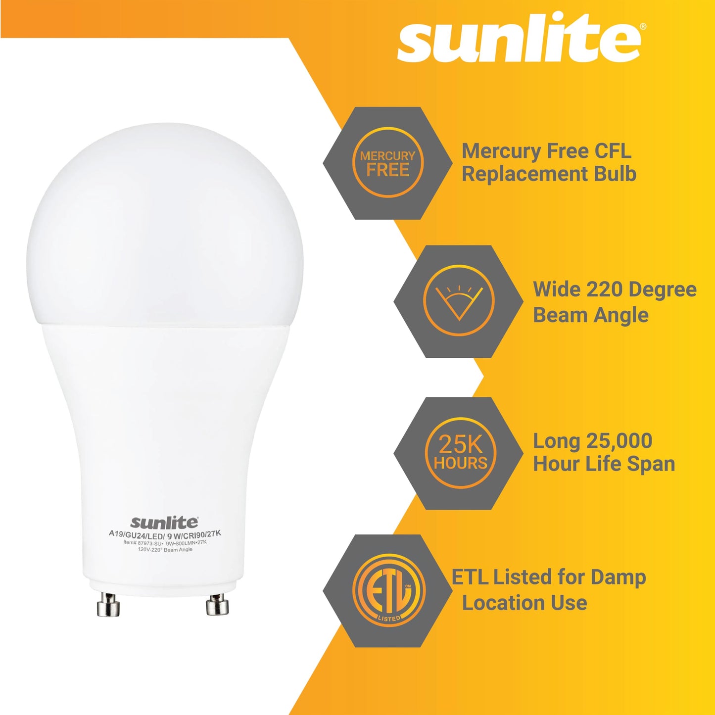 Sunlite A19 GU24 Dimmable Light Bulb, 9 Watts (60WEquivalent) 800 Lumens, 2 Prong LED Twist and Lock Base, 90 CRI, ETL Rated for Enclosed Fixtures