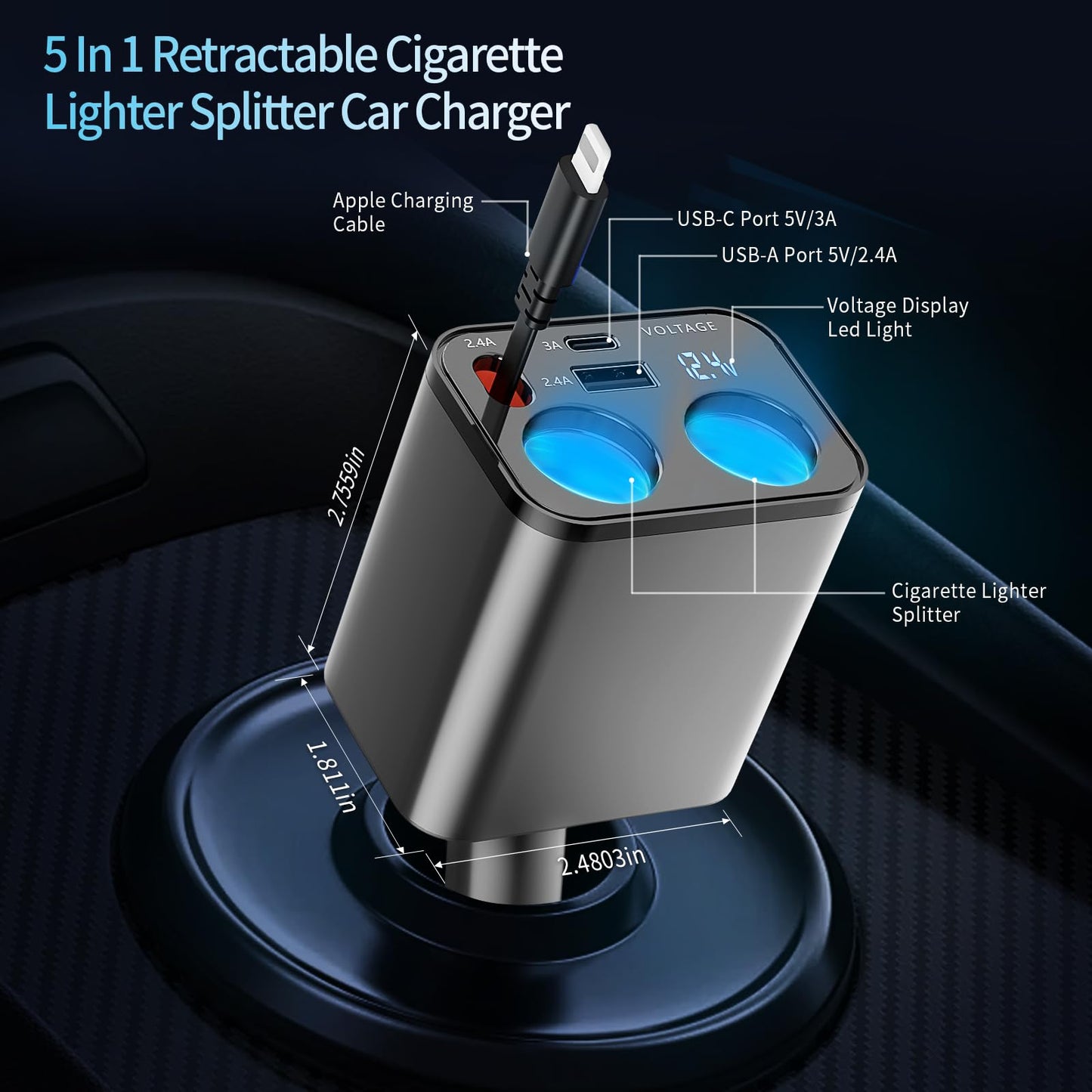 Paiholy 5 in 1 Retractable Car Charger Cigarette Lighter Splitter,159W Fast Car Charger with Retractable Cable,Dual USB Port&Dual Cigarette
