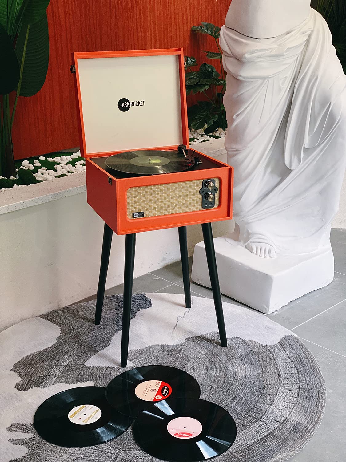 Arkrocket 3-Speed Bluetooth Record Player Retro Turntable with Built-in Speakers Rocket Moving Magnet Cartridges and Removable Legs (Orange)