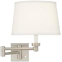 Possini Euro Design Modern Indoor Swing Arm Wall Lamp Brushed Nickel Plug-in Light Fixture Dimmable White Linen Tapered Drum Shade for Bedroom Bedside