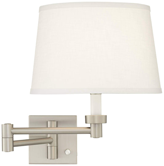Possini Euro Design Modern Indoor Swing Arm Wall Lamp Brushed Nickel Plug-in Light Fixture Dimmable White Linen Tapered Drum Shade for Bedroom Bedside