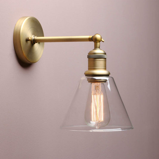 Yosoan Indoor Wall Sconce Fixture Light, 1-Light Modern Single Antique Brass Vintage Industrial Hardwired with Funnel Flared Clear Glass Shade Lamp