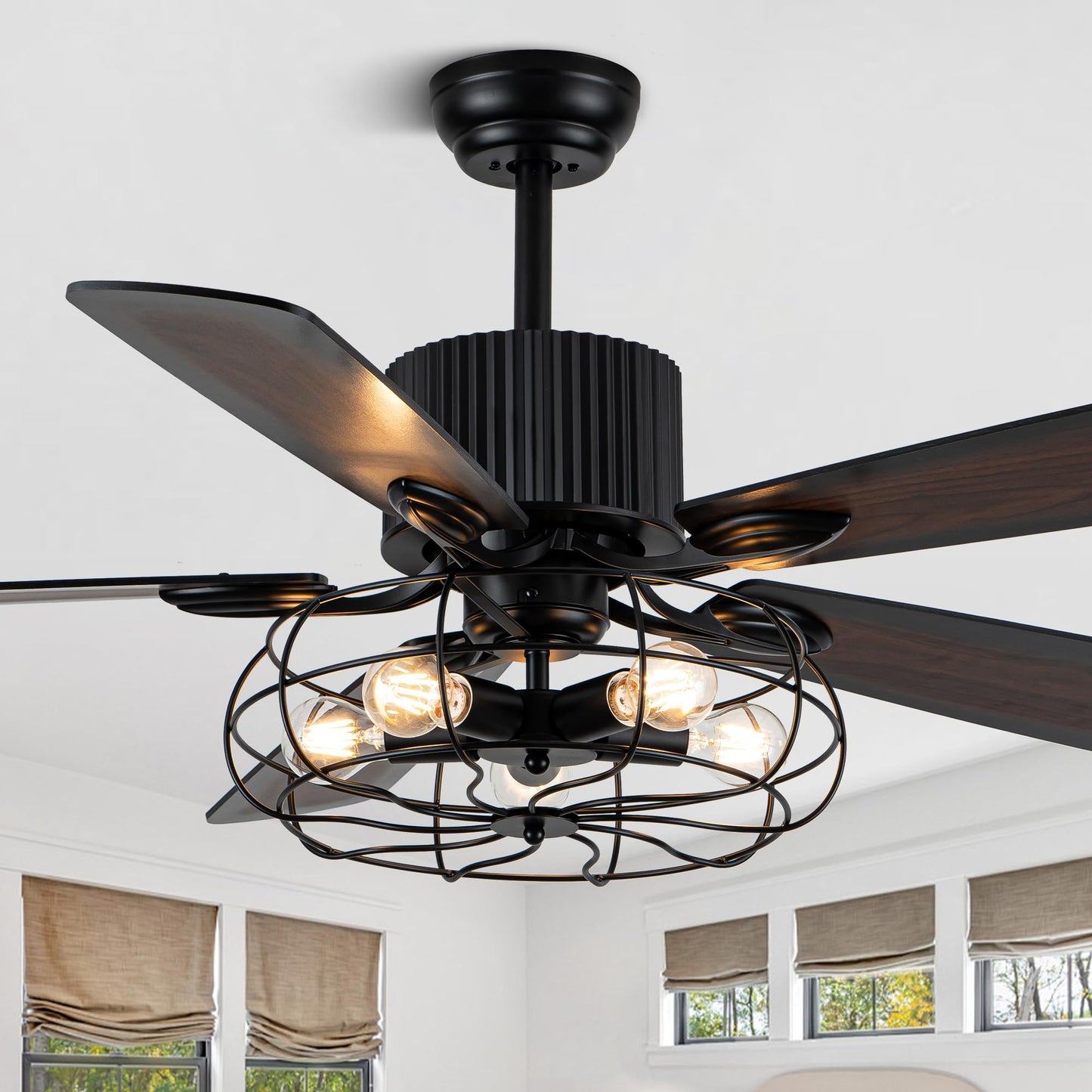 NA 52'' Retro Industrial Ceiling Fan with Iron Cage, Remote Control&Pull Chains, 5 Wood Reversible Blades, Vintage Pendant Light Fan