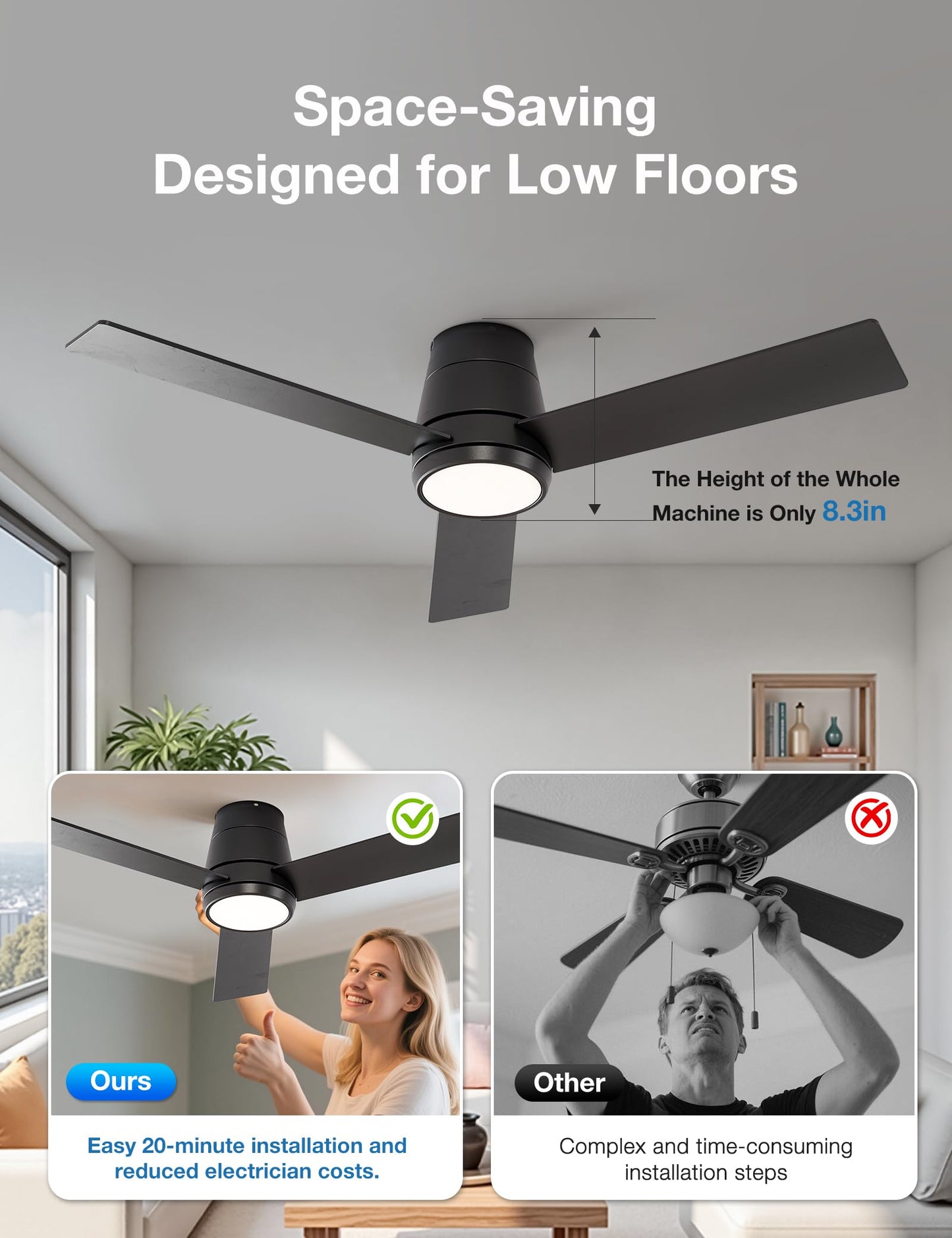 warmiplanet 42 Inch Small Ceiling Fan with Lights and Remote, Quiet DC Motor, Flush Mount Indoor Ceiling Fan for Bedroom Kitchen, 6 Speeds Reversible