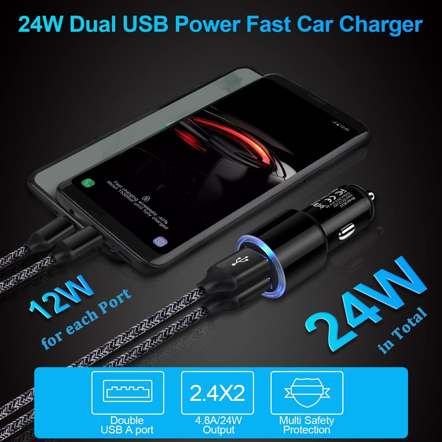 USB Car Charger, 2Pack 4.8A Fast Charging Dual Port USB Cigarette Lighter Adapter for iPhone 15 14 13 12 11 Pro Max SE XR X 8 7 6, iPad, Samsung