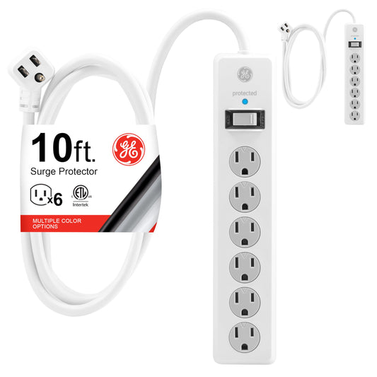 GE Surge Protector Power Strip, 10 Ft Extension Cord, 6 Outlet Extender, 800 Joules, Flat Plug, Twist-to-Close Safety Covers, ETL Listed, White, 2