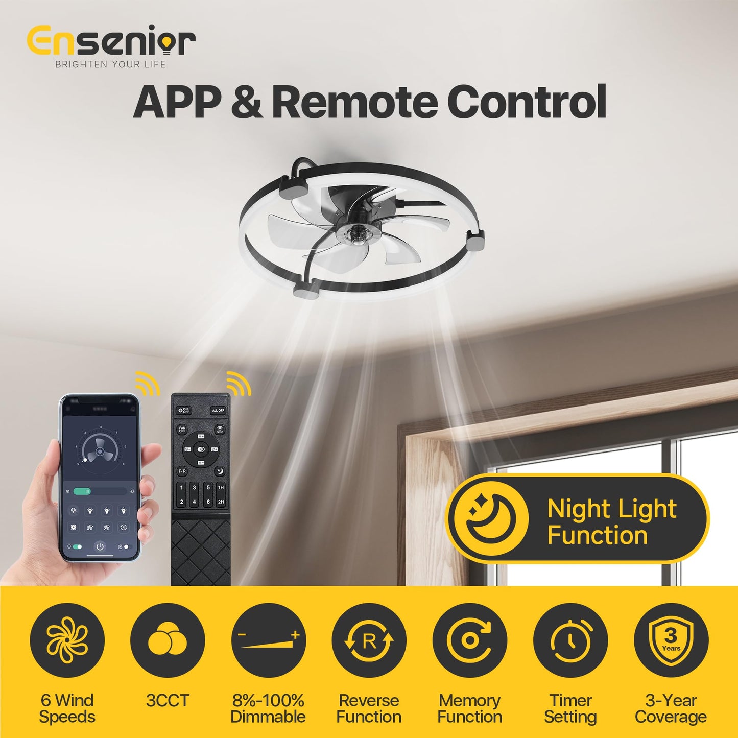 Ensenior 20 Inch Flush Mount Ceiling Fans with Lights, APP Control, Black