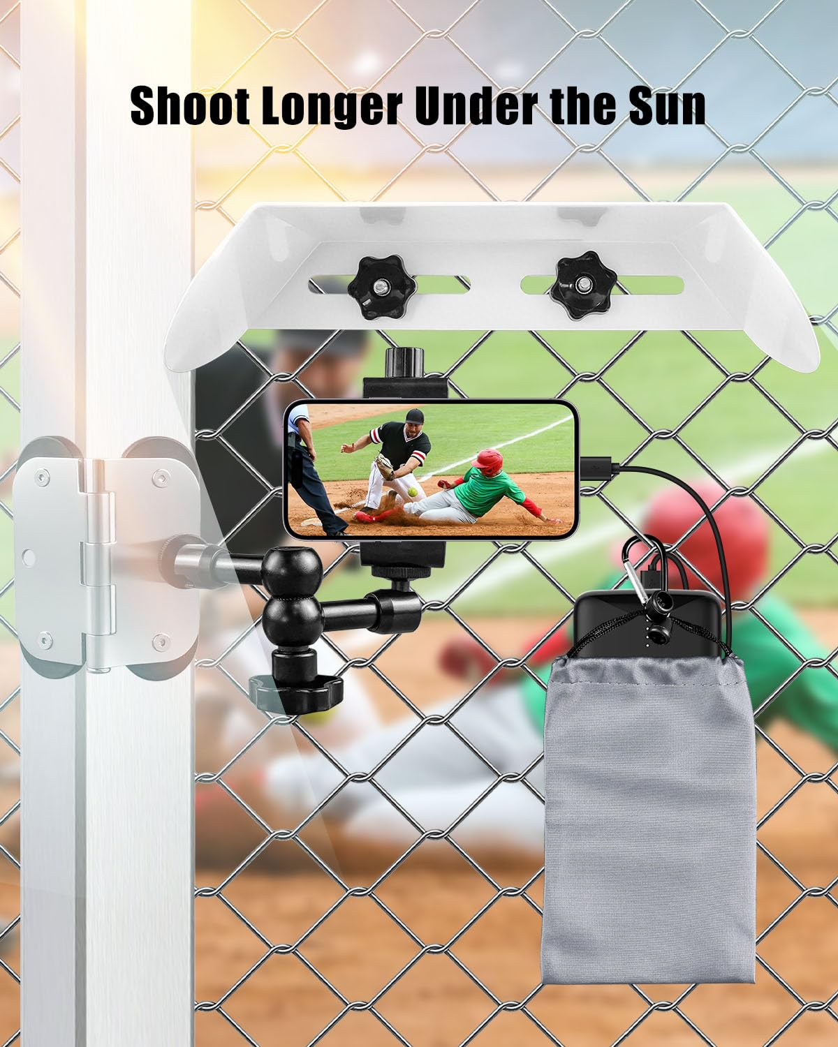 Magnetic Fence Mount with Sunshade and Power Bank Pouch Compatible with iPhone Mevo Start GoPro, Fence Holder Fit for Recording Gamechanger Baseball