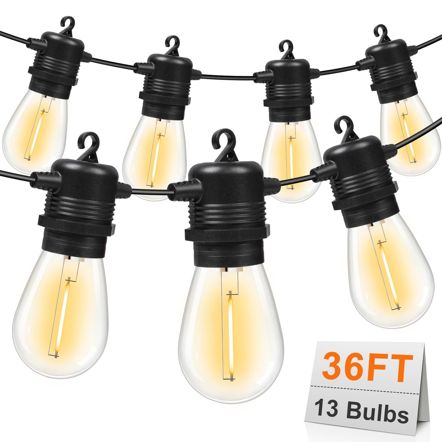 GvvooHome LED Outdoor String Lights 36FT Patio Lights with 13 Shatterproof S14 Replaceable Bulbs(1 Spare), Outside Hanging Lights Waterproof