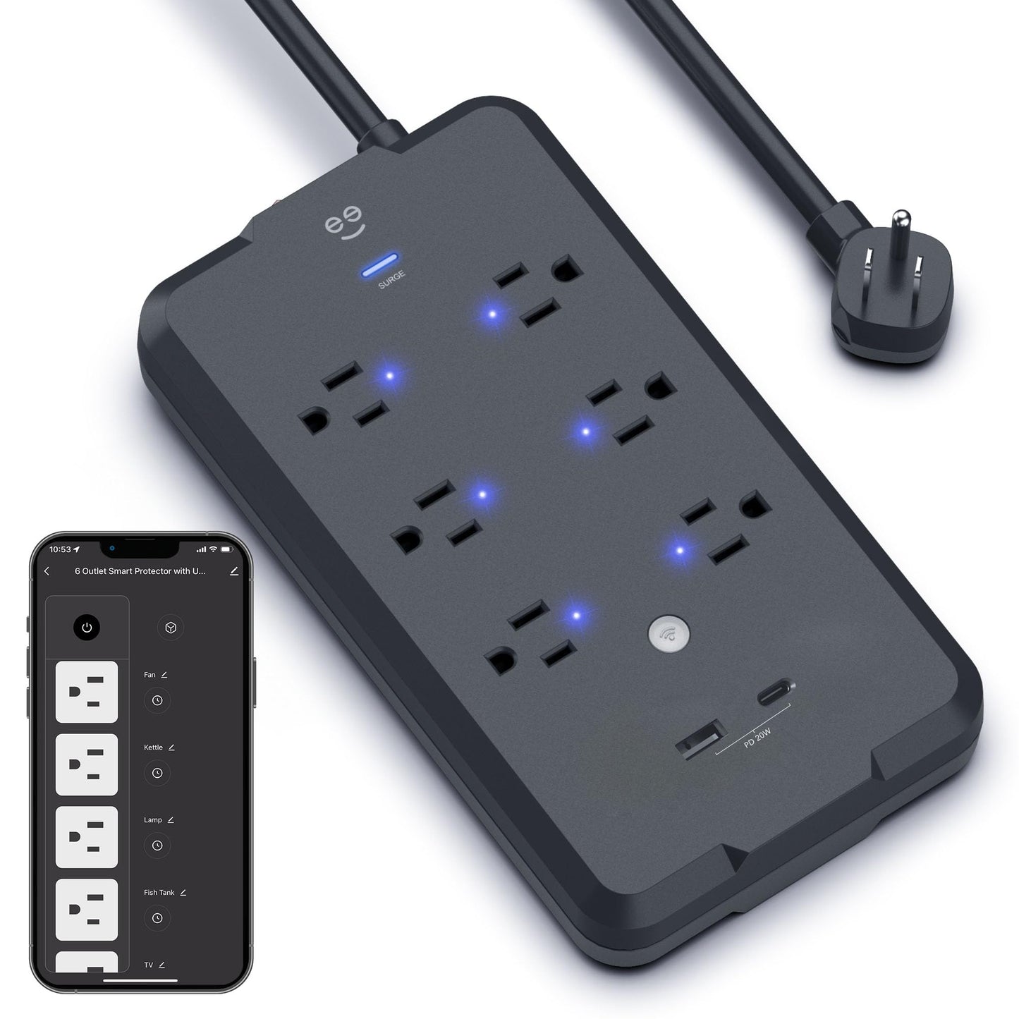 Geeni Smart Plug Power Strip, 6 Outlets and 2 USB Ports, 6 ft. Cord, Surge Protector with Voice Control, WiFi Control, Compatible with Alexa & Google