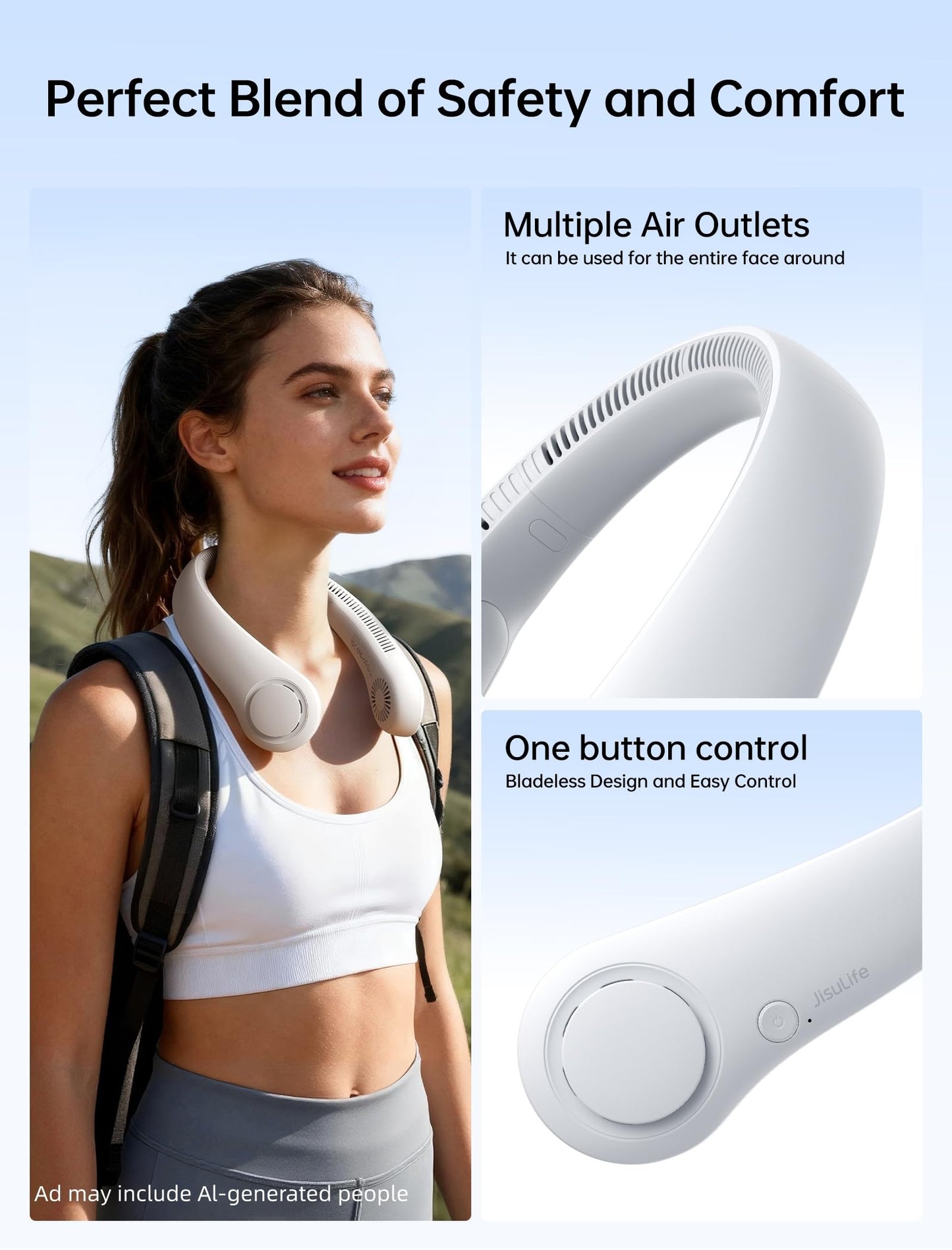 JISULIFE Portable Neck Fan, Hands-Free Bladeless, 5 Speeds, 4000 mAh