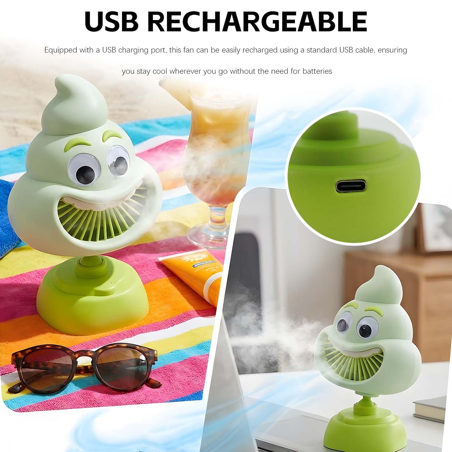 NWIUREN Cute Cartoon Portable Handheld Fan - Funny Poop Design, 3-Speed, USB Rechargeable, Lightweight Mini Fan for Summer, Travel, and Makeup (Brown)