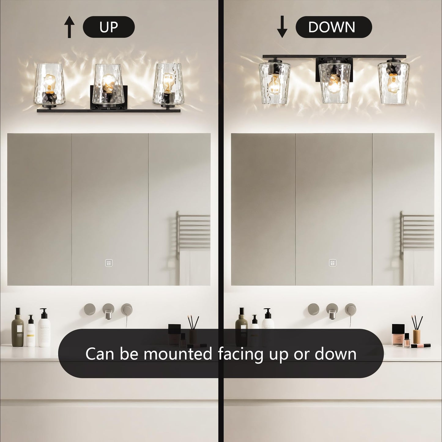 Edvivi Bathroom Light Fixtures, 3-Light Modern Matte Black Vanity Light Over Mirror, Wall Sconces with Hammered Clear Glass Shades for Living Room