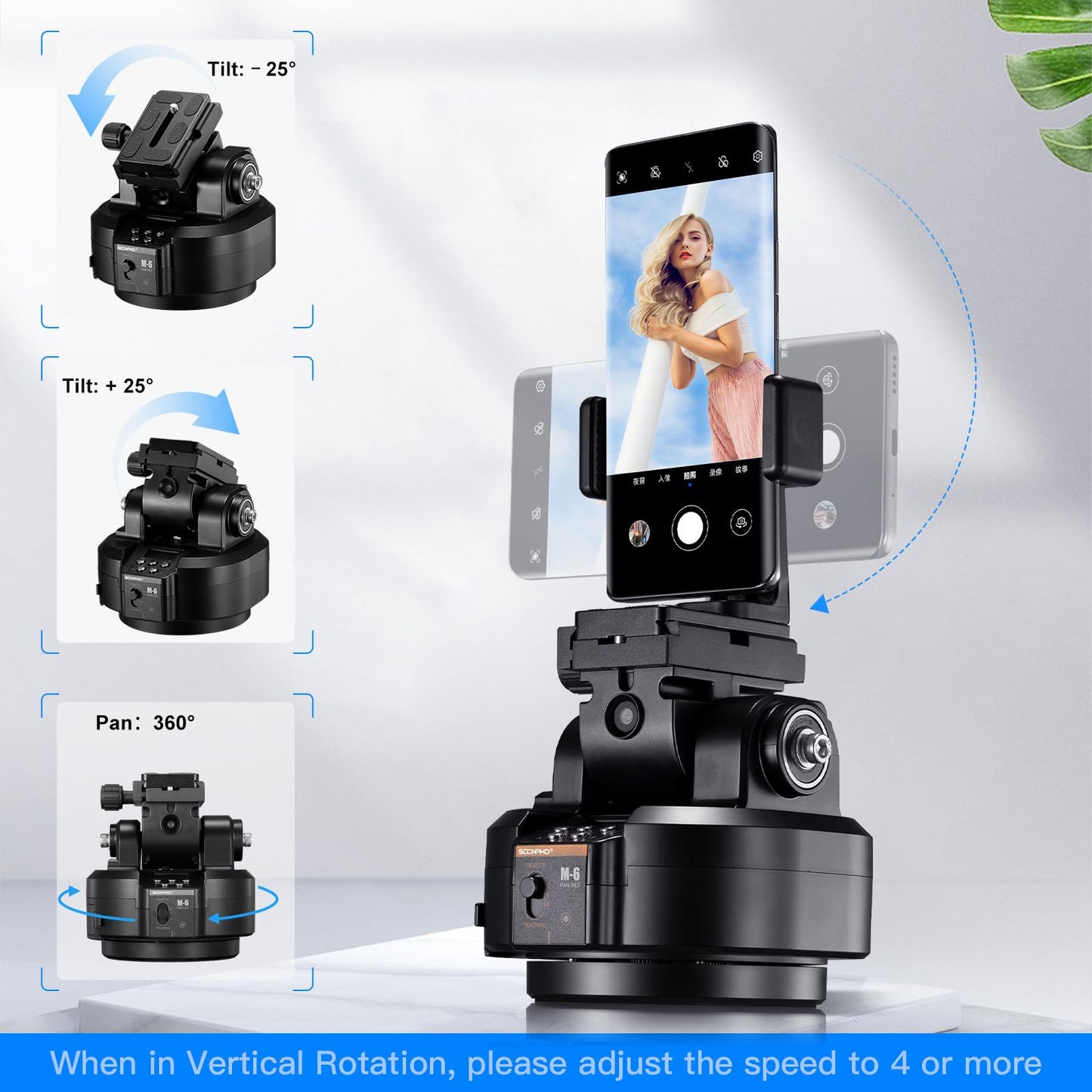 Soonpho M6 Auto Face Tracking Motorized Rotating Panoramic Tripod Head, Remote Control 360° Pan Tilt Head with Mobile Phone Clip for DSLR Cameras