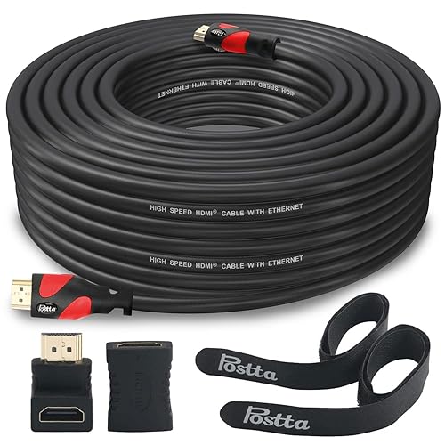 Postta HDMI Cable 50 Feet HDMI 2.0V Cable with 2 Piece Cable Ties+2 Piece HDMI Adapters Support 4K 2160P,1080P,3D,Audio Return and Ethernet
