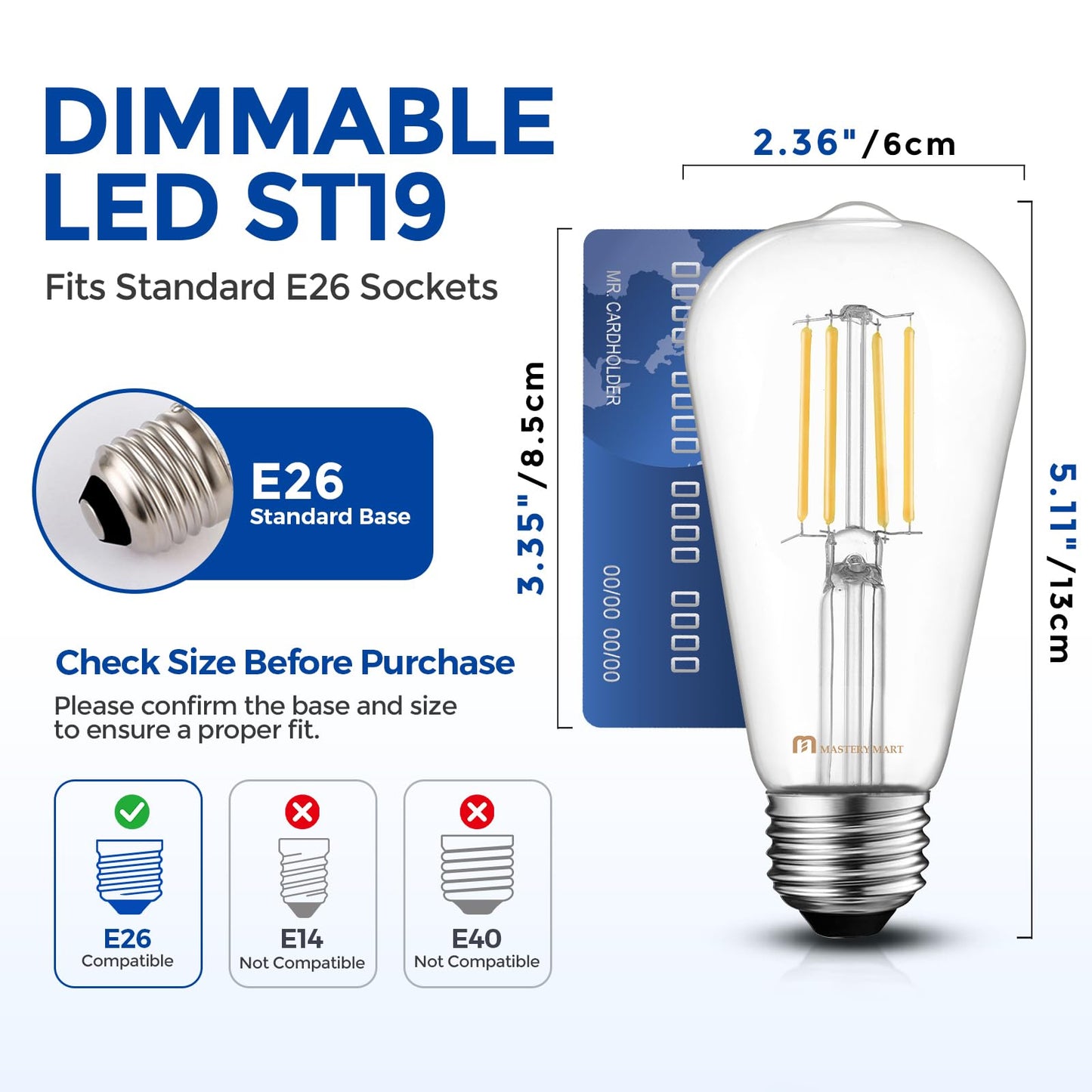 MASTERY MART 10 Pack Vintage Edison Bulbs, E26 Led Bulb 5.5W Equivalent to 60W, Dimmable, 2700K Soft White, High Brightness Antique ST19, Clear Glass