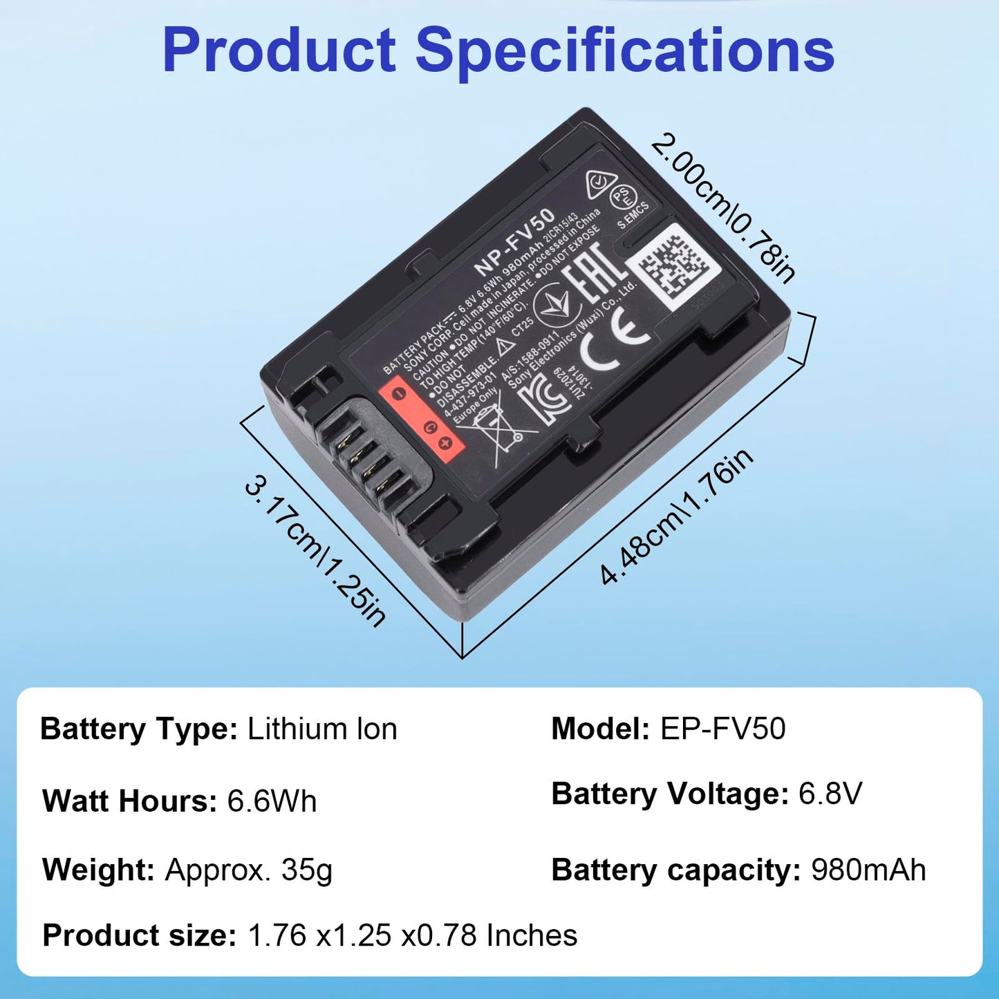 NP-FV50 NP-FV30 NP-FV40 980mAh Replacement Battery Compatible for Sony Handycam HDR-CX380 430V 900 580V 760V HDR-PJ540 650V HDR-PV710V 790V 810