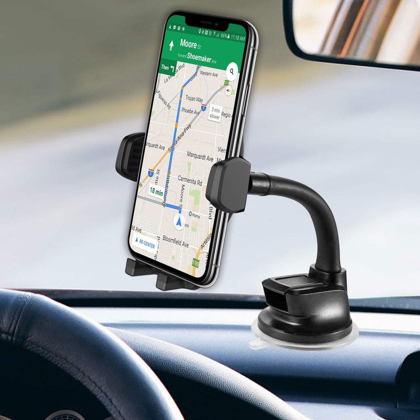 Cellet Windshield/Dashboard Phone Holder Mount - Flexible Gooseneck & Reusable Sticky Suction Pad - Universal Car Phone Holder for GPS Navigation