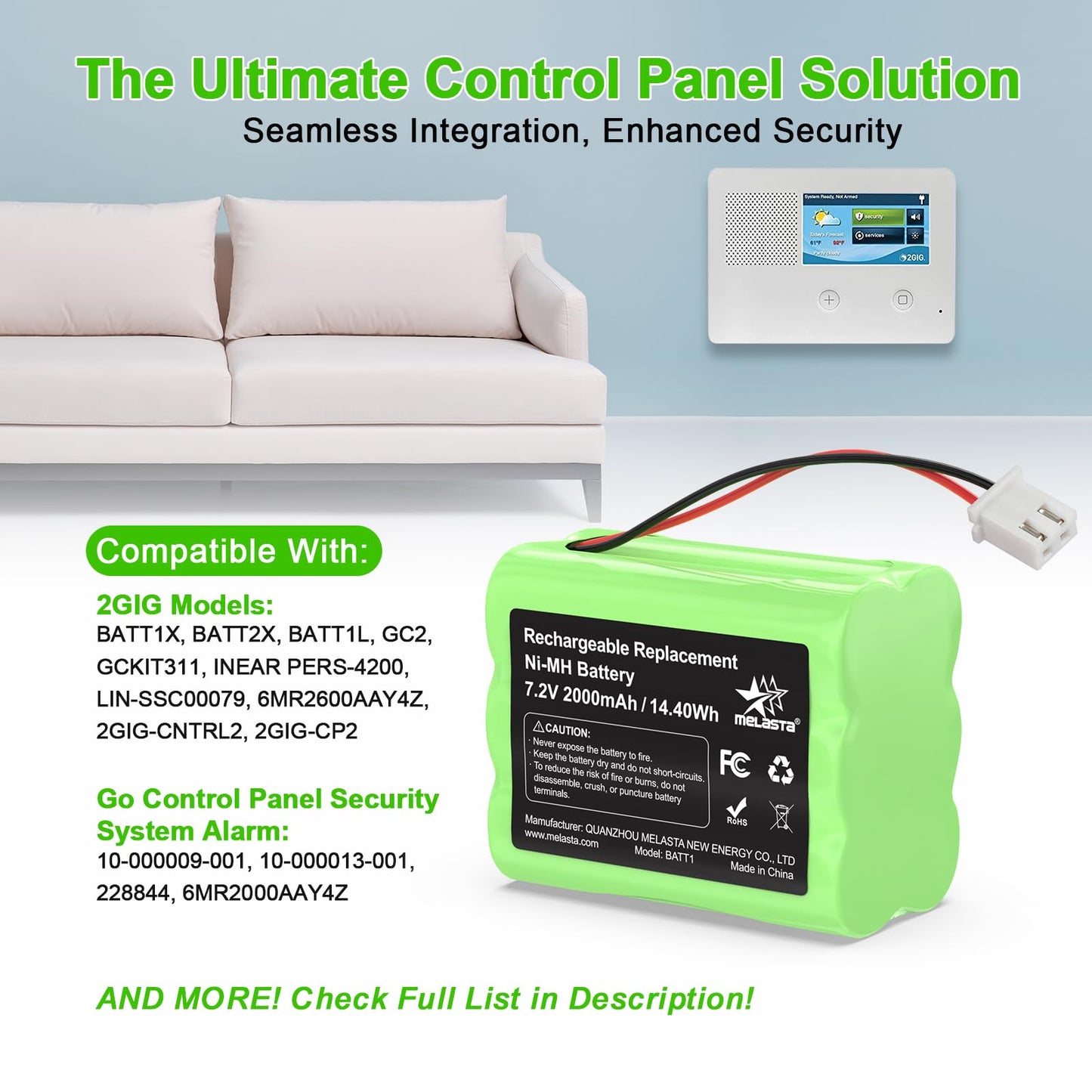 melasta 2000mAh Replacement Battery Suitable for 2GIG BATT1X BATT2X BATT1 GC2 2GIG-CNTRL2 2GIG-CP2 GCKIT311 Go Control Panel Security System Alarm