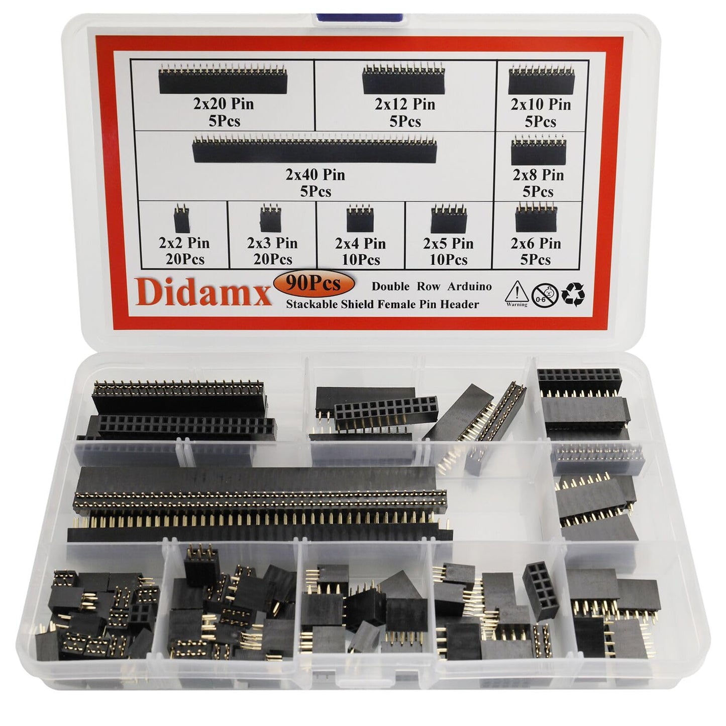 Didamx 90Pcs 2.54MM Straight Double Row Female Pin Header Socket Connector Strip for Arduino Prototype Shield