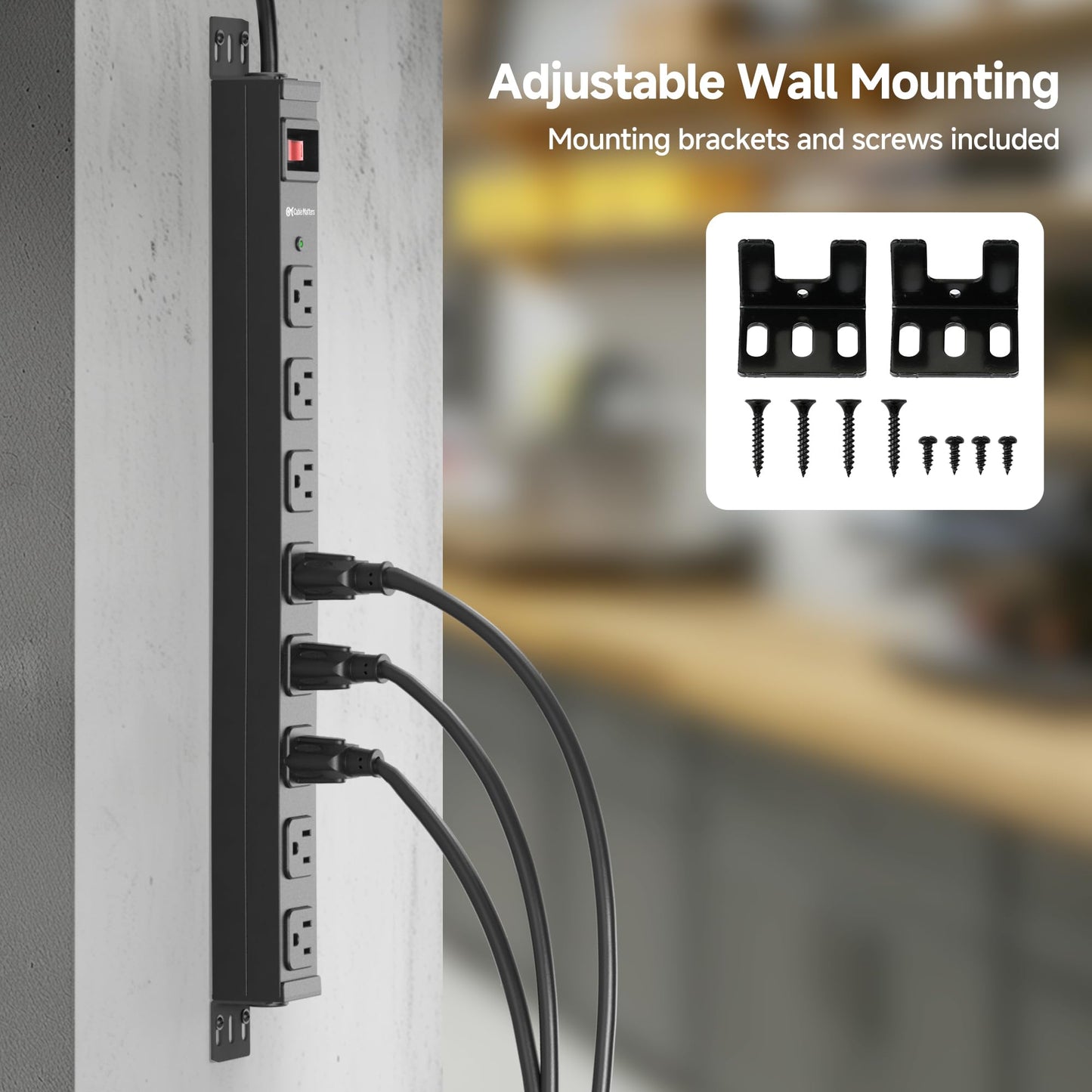 [ETL Certified] Cable Matters Wall-Mountable 8 Outlet Power Strip - 8ft Cord, Metal, 2100J Surge Protector with 15A Circuit Breaker, Industrial Power