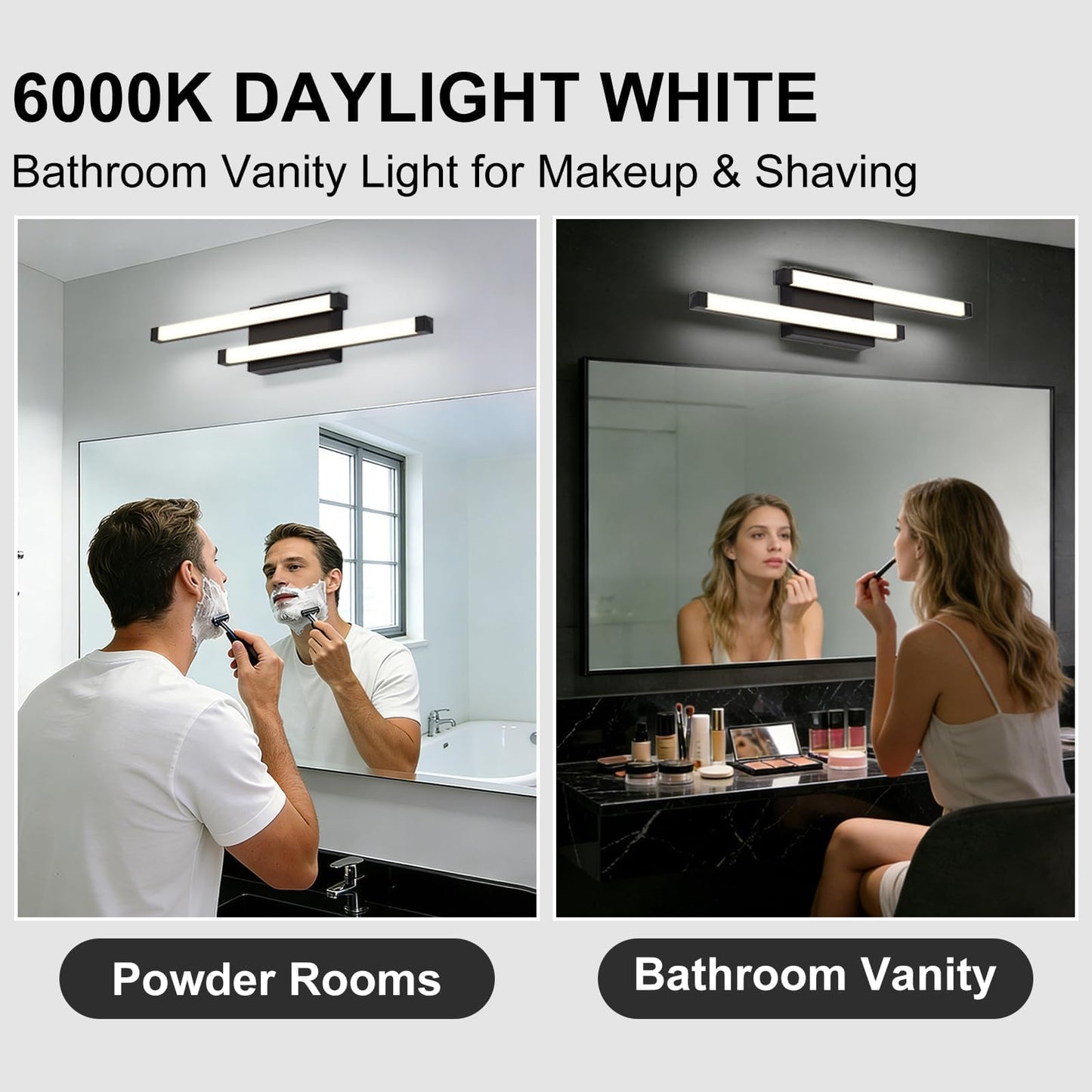 Bathroom Vanity Light Bar, 24 Inch Modern Black LED Vanity Light, 18W 3 CCT 3000K 4000K 6000K Dimmable Hardwired Bathroom Light Fixtures Over Mirror