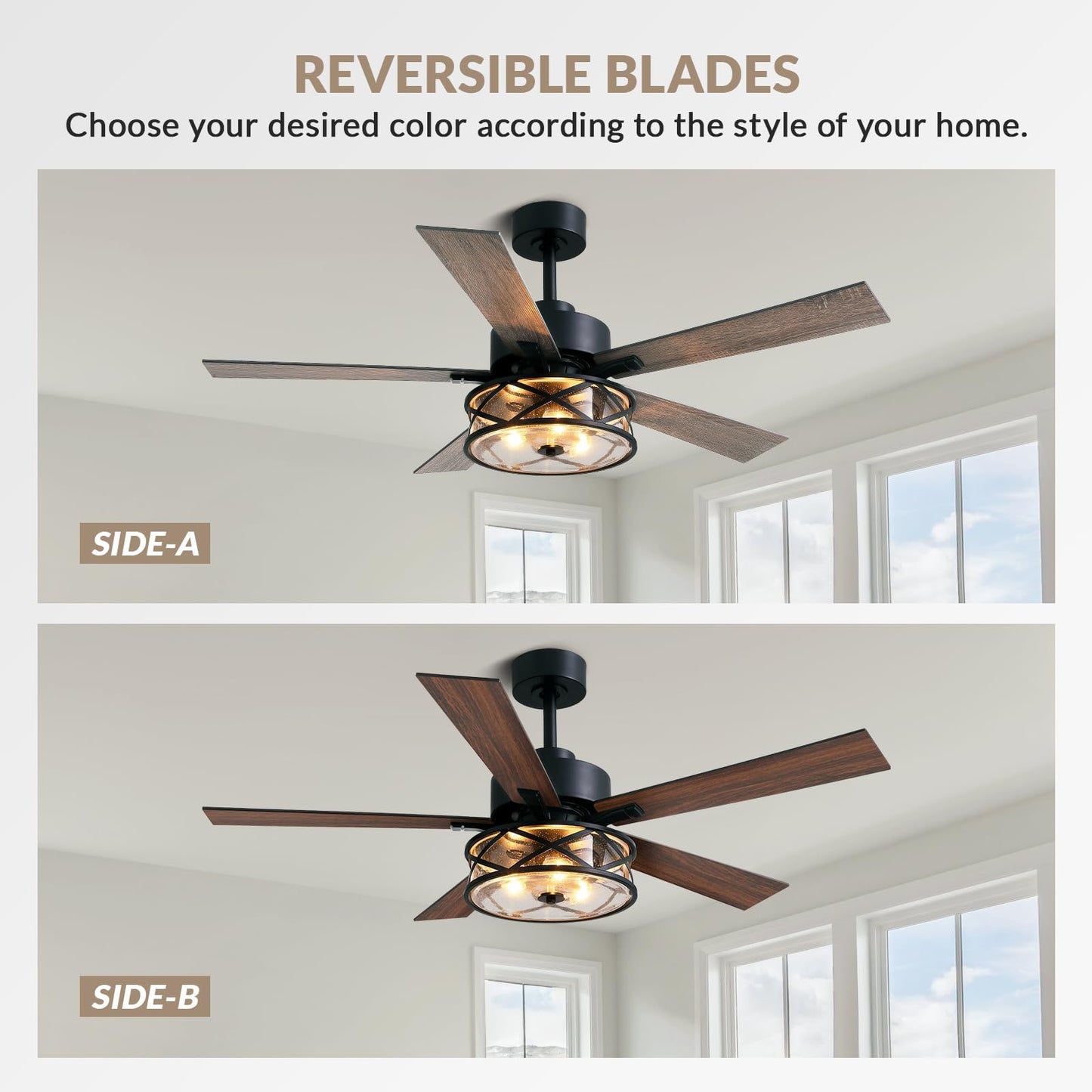 APBEAMLighting Farmhouse Ceiling Fans with Lights and Remote Control, 52 Inch Rustic Fandelier Ceiling Fan with Bubble Glass Shade 6-Speed Caged