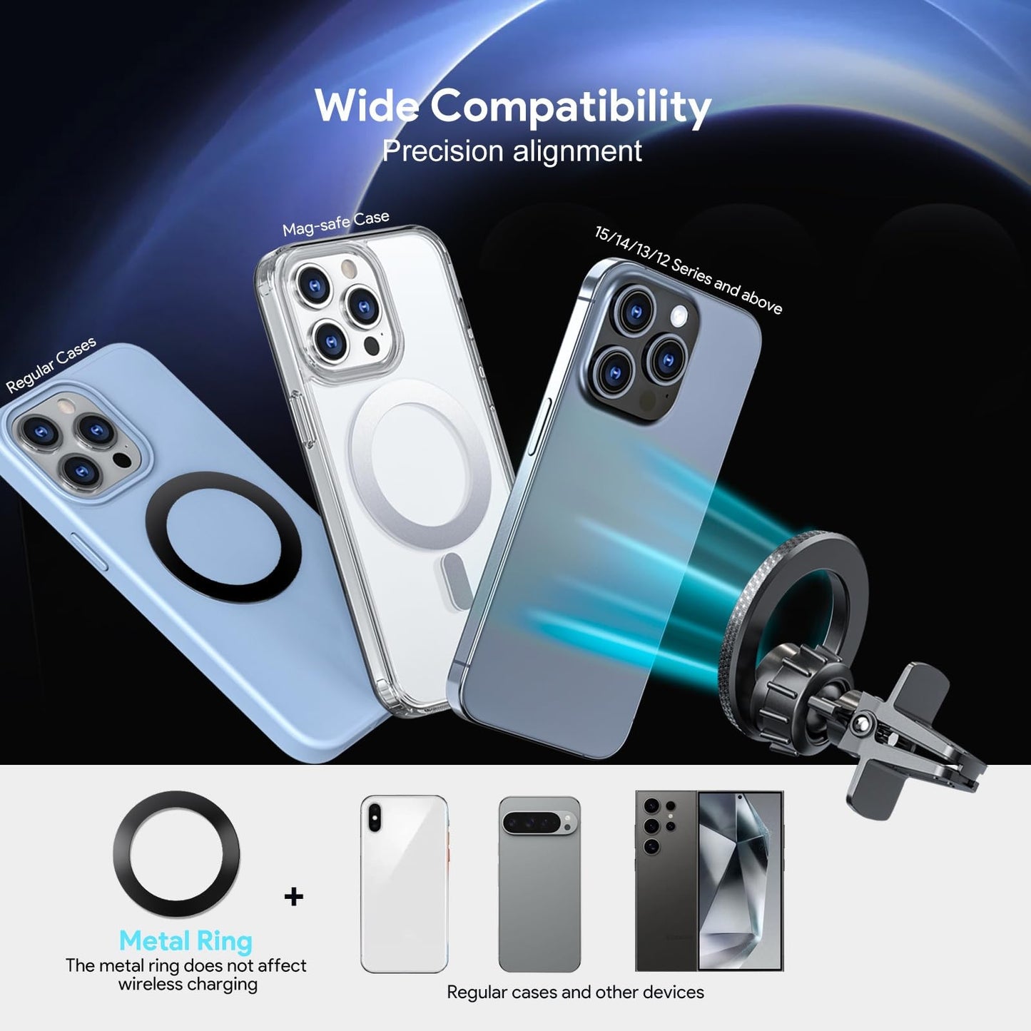 Esoulk] MagSafe Compatible Car Mount, Magnetic Air Vent Phone Holder for Car with Strong Magnets & Metal Ring Included, Hands-Free Car Phone Mount