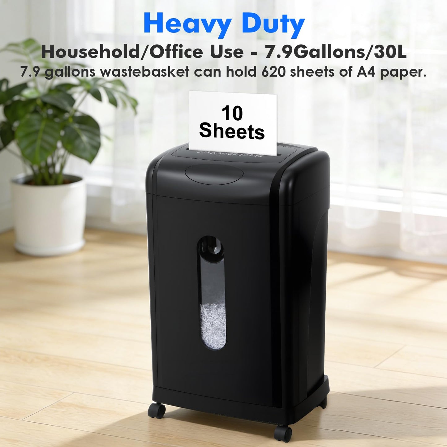 Low Noise 48dB Paper Shredder for Home, 10-Sheet Micro Cut, P-5 High Security, CD/Credit Card Shredder, 7.9 Gallons Wastebasket, Black