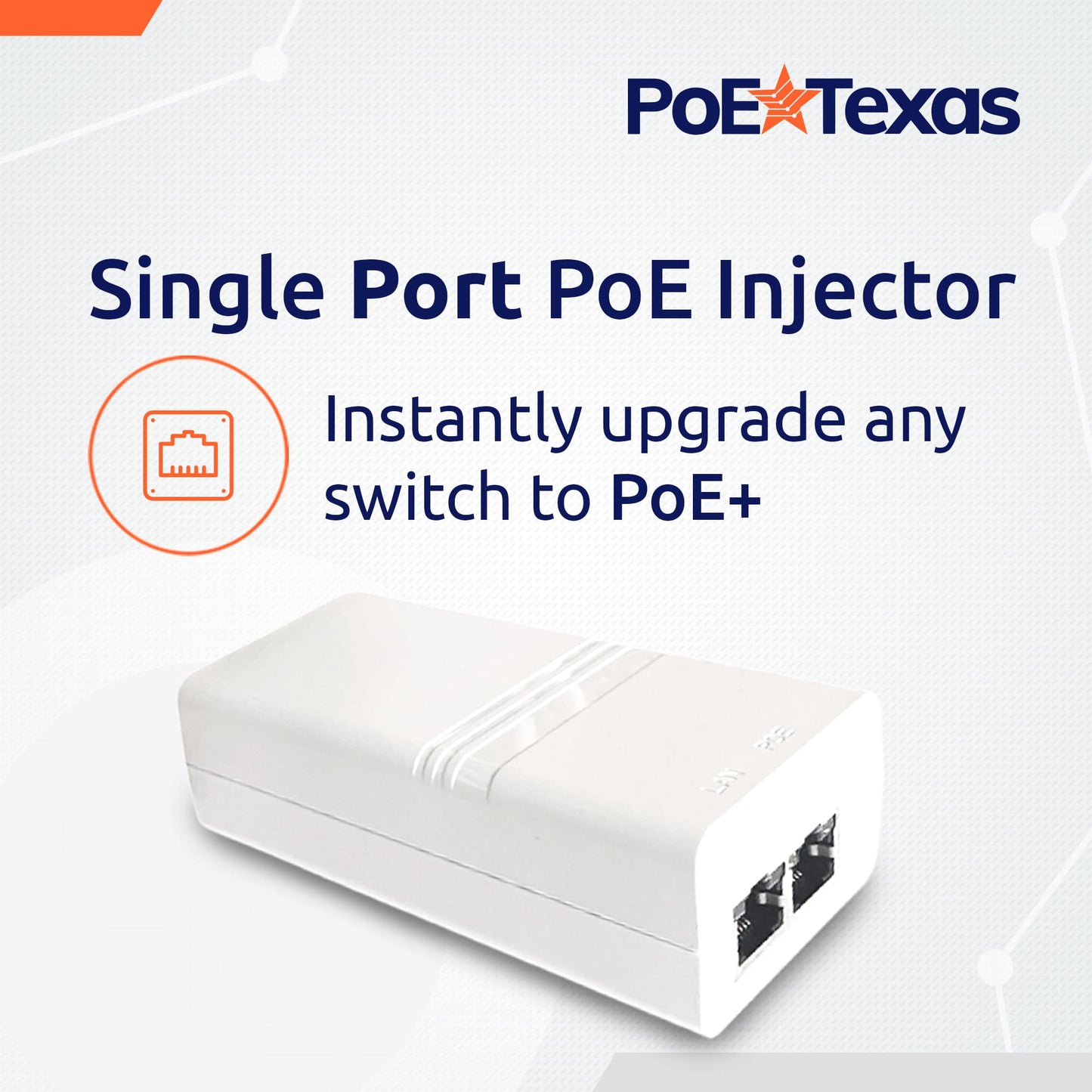 PoE Texas PoE Injector - Single Port PoE+ Power Over Ethernet PoE Adapter for 802.3at - 10/100/1000 Gigabit Data with Integrated 52V 30W Power Supply