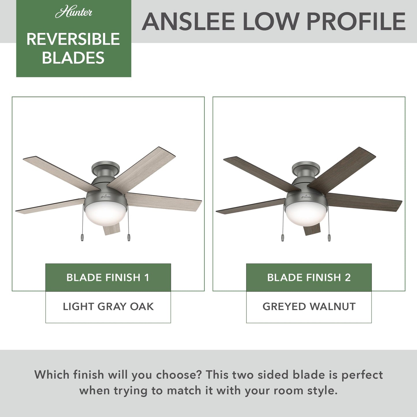 Hunter Anslee, Indoor, Ceiling Fan, with LED Light, 46 inch, Matte Silver