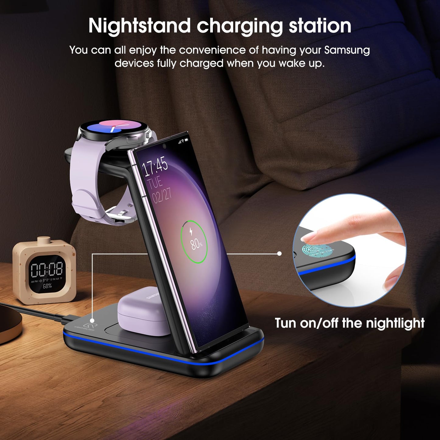 Wireless Charging Station for Samsung/Android, Fast Wireless Watch Charger Station Compatible for Samsung Galaxy S25 Ultra/S24/S23+/Z Flip 7/6 Fold