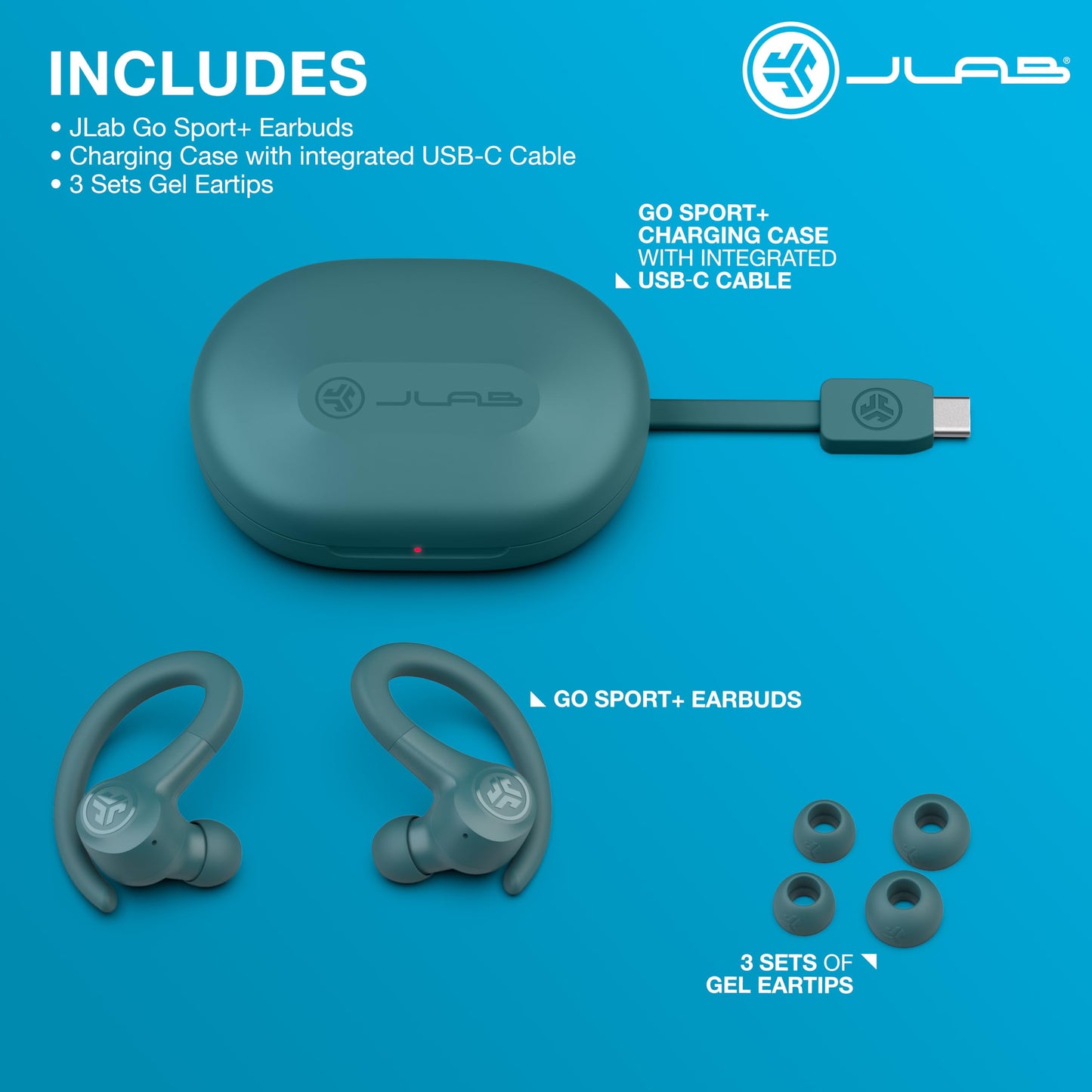JLab, Go Sport+, True Wireless Workout Earbuds, Bluetooth Sport Earbuds, Clear Calling, Teal